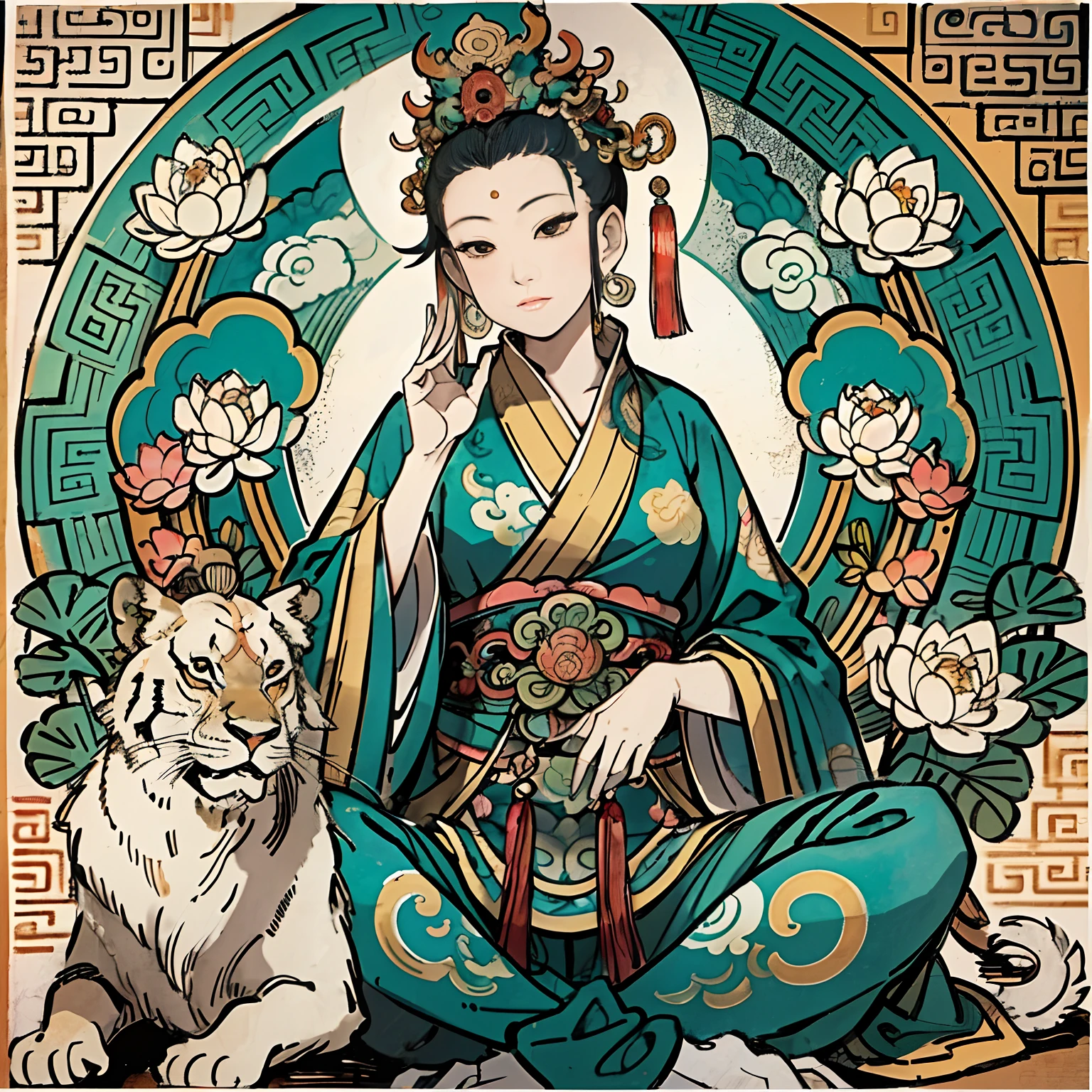 an ancient Chinese goddess, guanyin of the southern seas, Guanyin, Inspired by India, Avalokiteshvara rides a lion，,Serene expression,shui mo hua,Buddha,Buddhist,Lotus,Chinese painting style,Thangka style