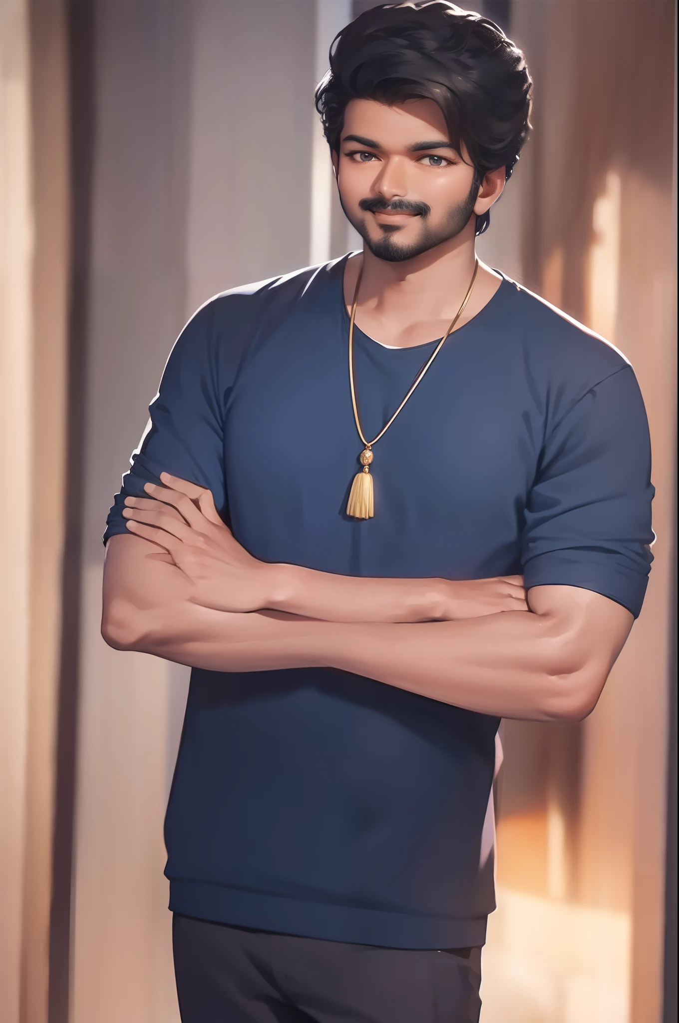 there is a man that is standing with his arms crossed, jayison devadas, jayison devadas style, exclusive, with a pouting smile, with a seductive smile, with lovely look, :3, stylish pose, johnatan wayshak, big smirk, with a subtle smile, with a cool pose, he is 25 years old