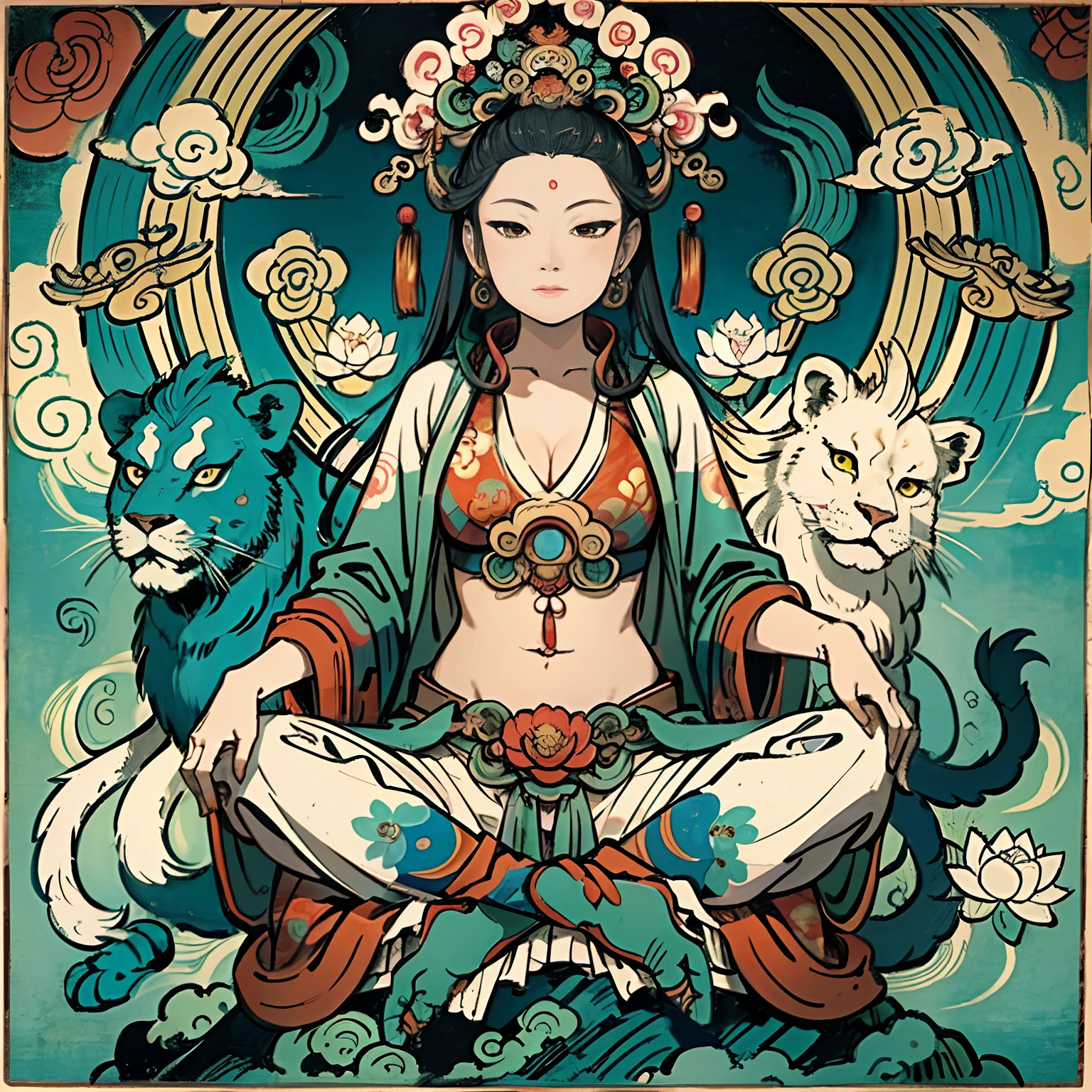 an ancient Chinese goddess, guanyin of the southern seas, Guanyin, Inspired by India, Avalokiteshvara rides a lion,,Serene expression,shui mo hua,Buddha,Buddhist,Lotus,Chinese painting style,Thangka style