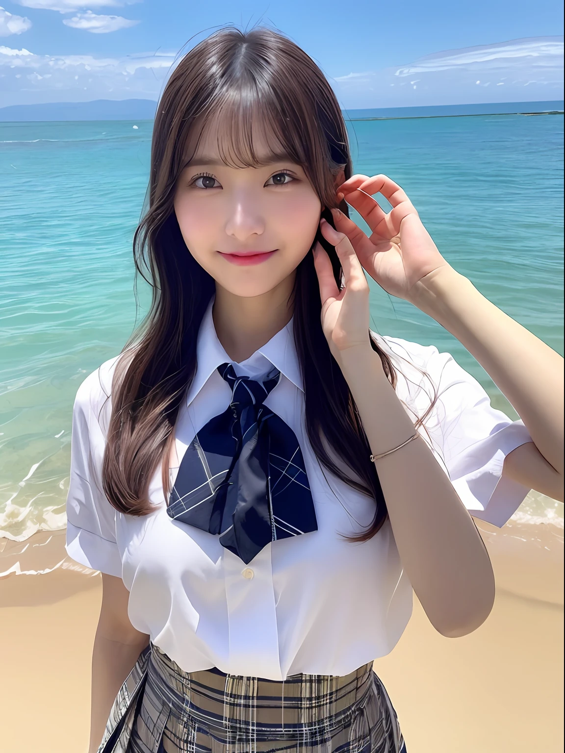 ((top-quality、8K、​masterpiece：1.3))、foco nítido：1.2、Beautiful schoolgirl in perfect style：1.4、A slender、((A dark-haired、huge tit、tits out：1.2))、(夏天、Mare、beach、Enoshima:1.1)、Highly detailed facial and skin texture、A detailed eye、二重まぶた、Sweaty、A sexy、the beach、summer vacation、date、Okinawa、hawaii、Mare、sand beach、ocean view、((beach))、((Uniform 1.5))、jk suit plaid skirt pleated skirt shirt bowtie