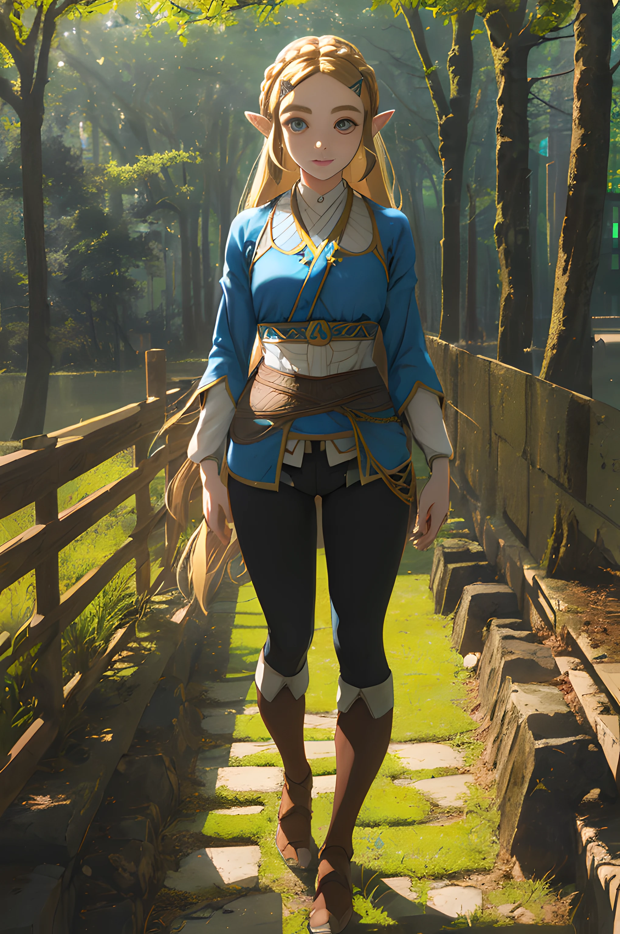 8k, raw camera, highres, detailed, masterpiece, portrait, photorealistic, hyperrealist, aesthetic, beautiful, best quality, highly detaile, best quality clothing, aesthetic clothings, professional angle, rule of thirds, Feminine, delicate, beautiful, 19 years, attractive Japanese, (solo), 1 girl, (Princess Zelda, Botw), (In Outdoors), ((Full Body)), ((From Front) Shallow Depth of Field), -, ((Normal)), (Semi Long Hair, Blonde Hair), (Loose Hair, Braid, - Hair), ((HairClips, Pointy Ears)), (- Eyes, Open Eyes, Cheerful Gaze), (-, Arms Down, Hands Down), ((Standing), Closed Mouth), -, -, (Average Bust), ((-, Black Pants)), (-, -), (Leather), beautiful body, beautiful eyes, shiny eyes, shiny hair, beautiful mouth, beautiful lips, beautiful skin, beautiful face