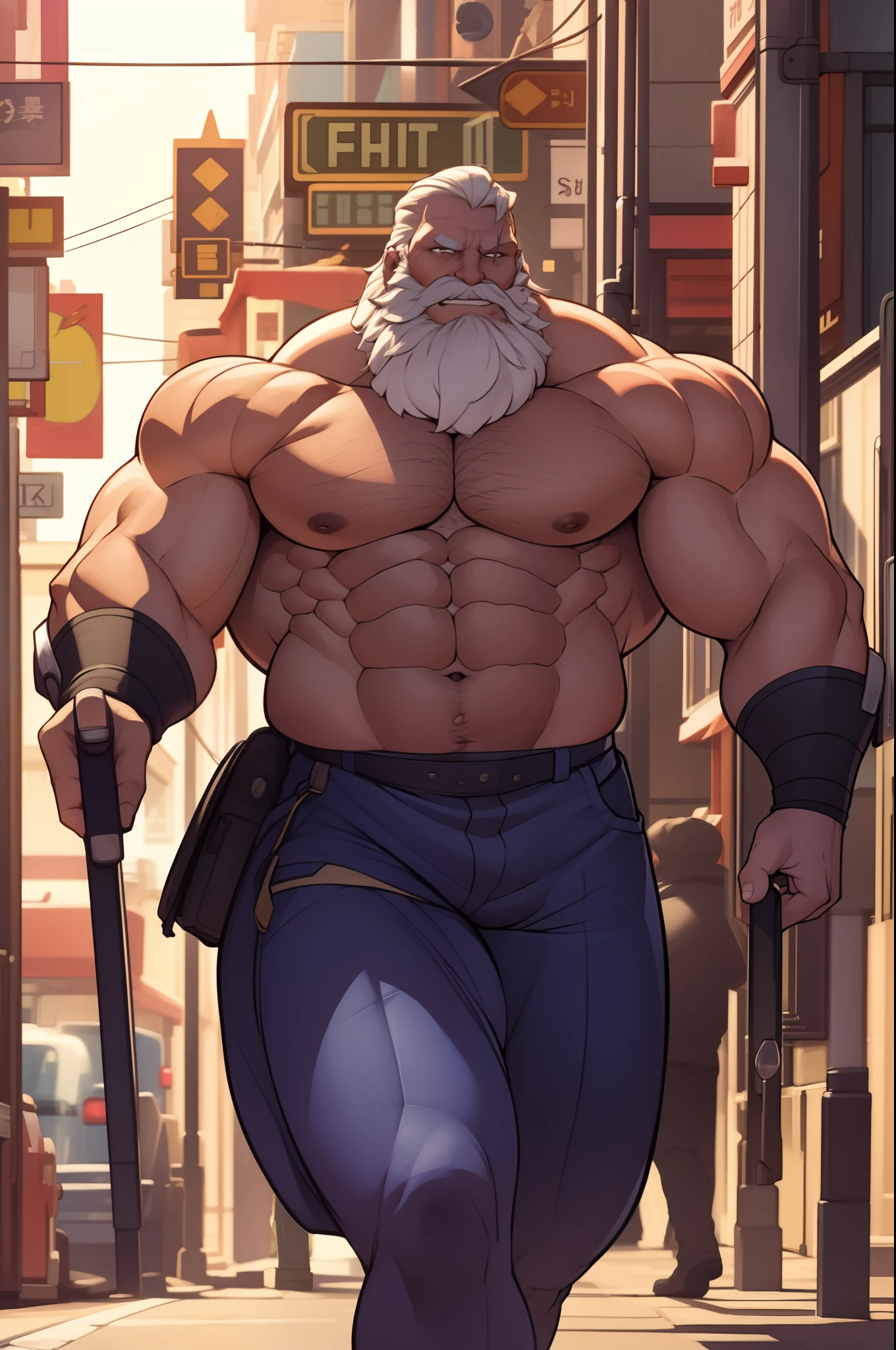 "Solo, a massive and muscular elderly man strutting confidently through the bustling city streets, exhibiting his Herculean physique, shirtless and awe-inspiring."