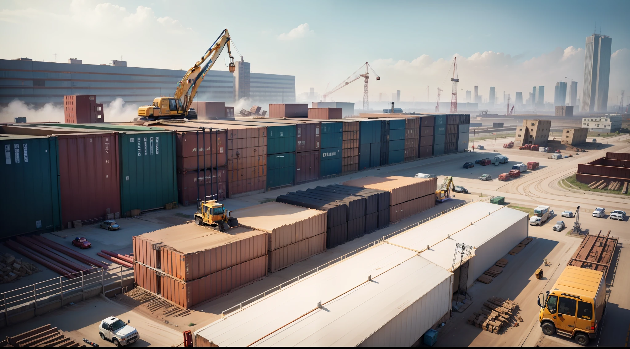 A scene of building materials,There are buildings,There are excavators,There are tower cranes,There are rebar,There are steel pipes,There are containers