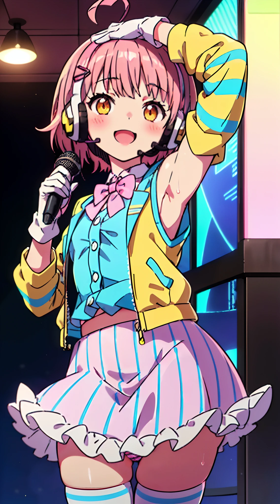 (Perfect body),Best Quality,16 K,(Lori)、((blush)),(Short hair), (((Orange Eyes))),thick thight,((((Pink hair)))),Standing,Sweat,flabbergasted,(((small tits))),(((front-facing view)))),cowboys_shots,((((Wavy Hair)))),Ahoge,hair clips,(((Yellow sleeveless_frilld_jaket))),(((Pink ruffled mini skirt))),(((Light blue striped panties))),(white knee-socks),(whitegloves),((Panchira)),Big ass,flat chest、blush、is standing,Looking at Viewer,((( short in stature))),((Smile)),(((headset on head))),(Left arm up),((((Wink)))),((Singing)),((Dynamic Pose)),((Idol)),((holding microphone)),((1girl in)),(((Pink bowtie)))