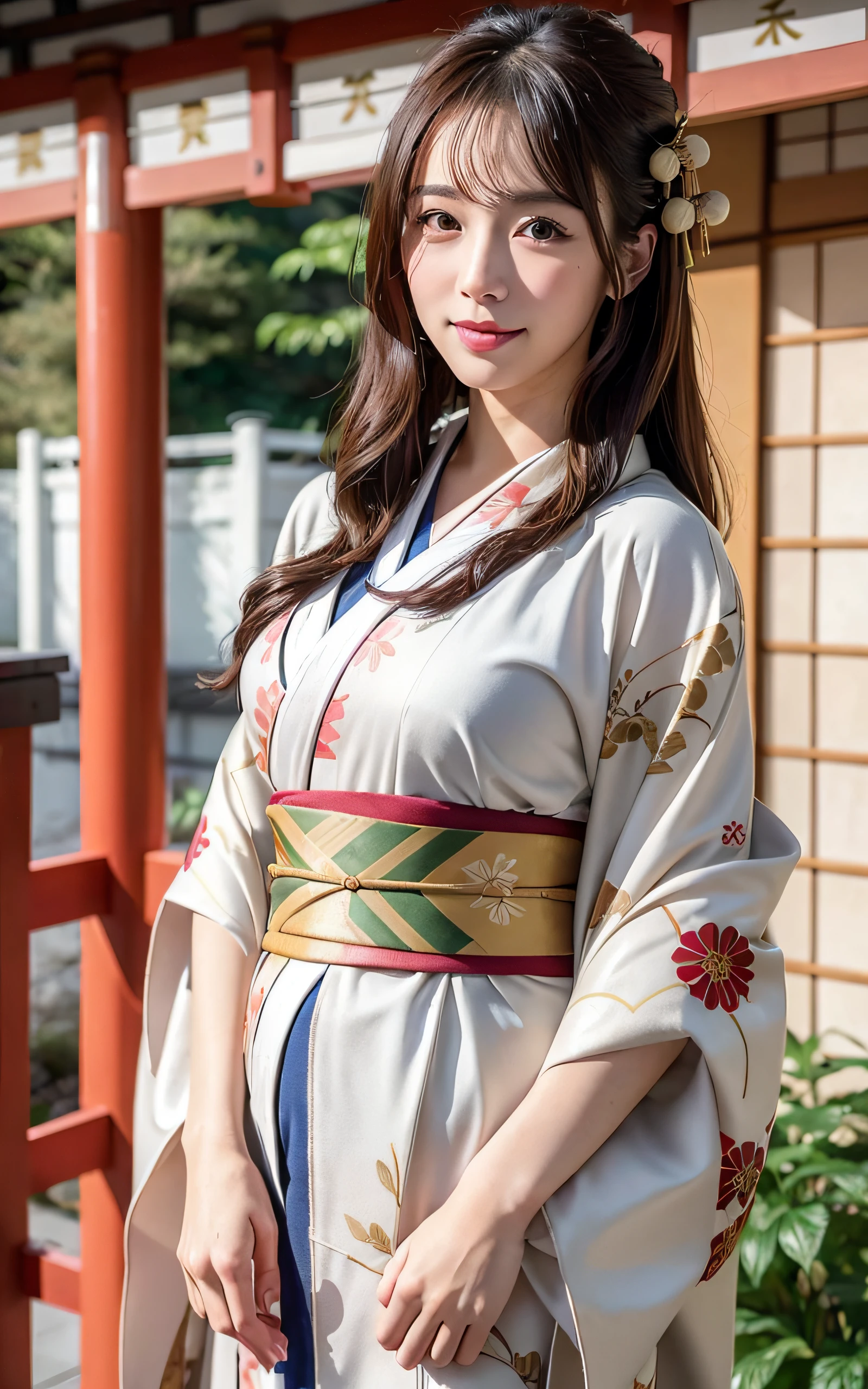 ((top-quality、8k masterpieces:1.3))、(ultra beautiful faces:1.0)、(shinny skin:1.0)、photos realistic、Brown hair, Video Lighting、High-definition eyes and face、1 japanese girl, Neat and clean beauty, Cute, lovely, Align your hands elegantly, traditional Japanese kimono, Wear a formal kimono, The correct obi of kimono, (Luxurious kimono with Japanese pattern:1.8), Pretty messy up-to-date hairstyle girl, medium breasts、A slight smile, Country of Japan, Japanese garden, Luxury Japanese-style room,