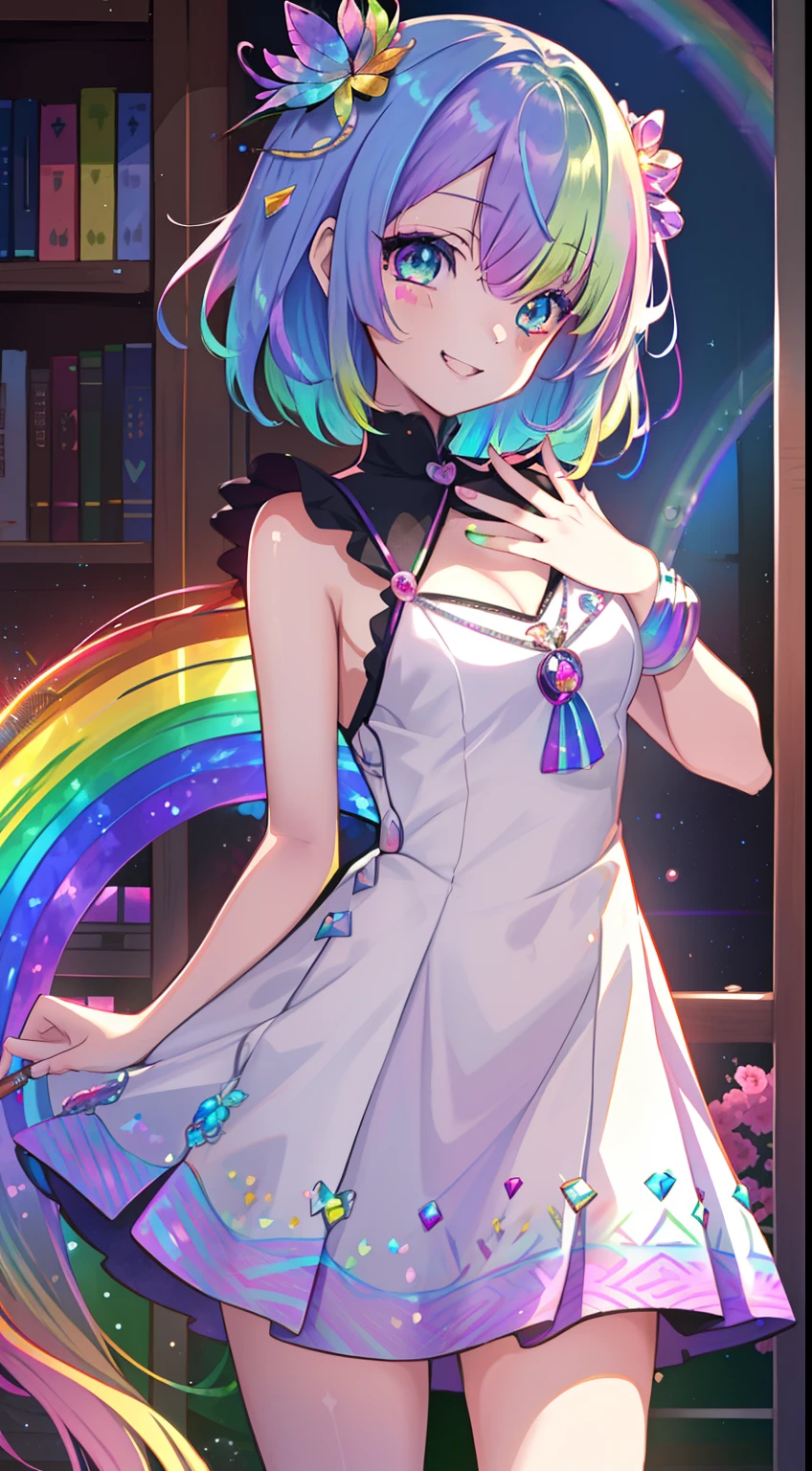 ((masutepiece)), ((Best quality)), (Ultra-detailed), ((kawaii)), Cute, (Lovely), ((Sexy)), (Sam), ((Extremely detailed)), 4K, (8K), Best quality, (Beautiful), illustration, Anime style, 1girl in, Solo, (((iridescent dress))), (((Beautiful hair in rainbow colors))), (((Beautiful rainbow eyes))), ((Beautiful eyes))0, Smile,standing,