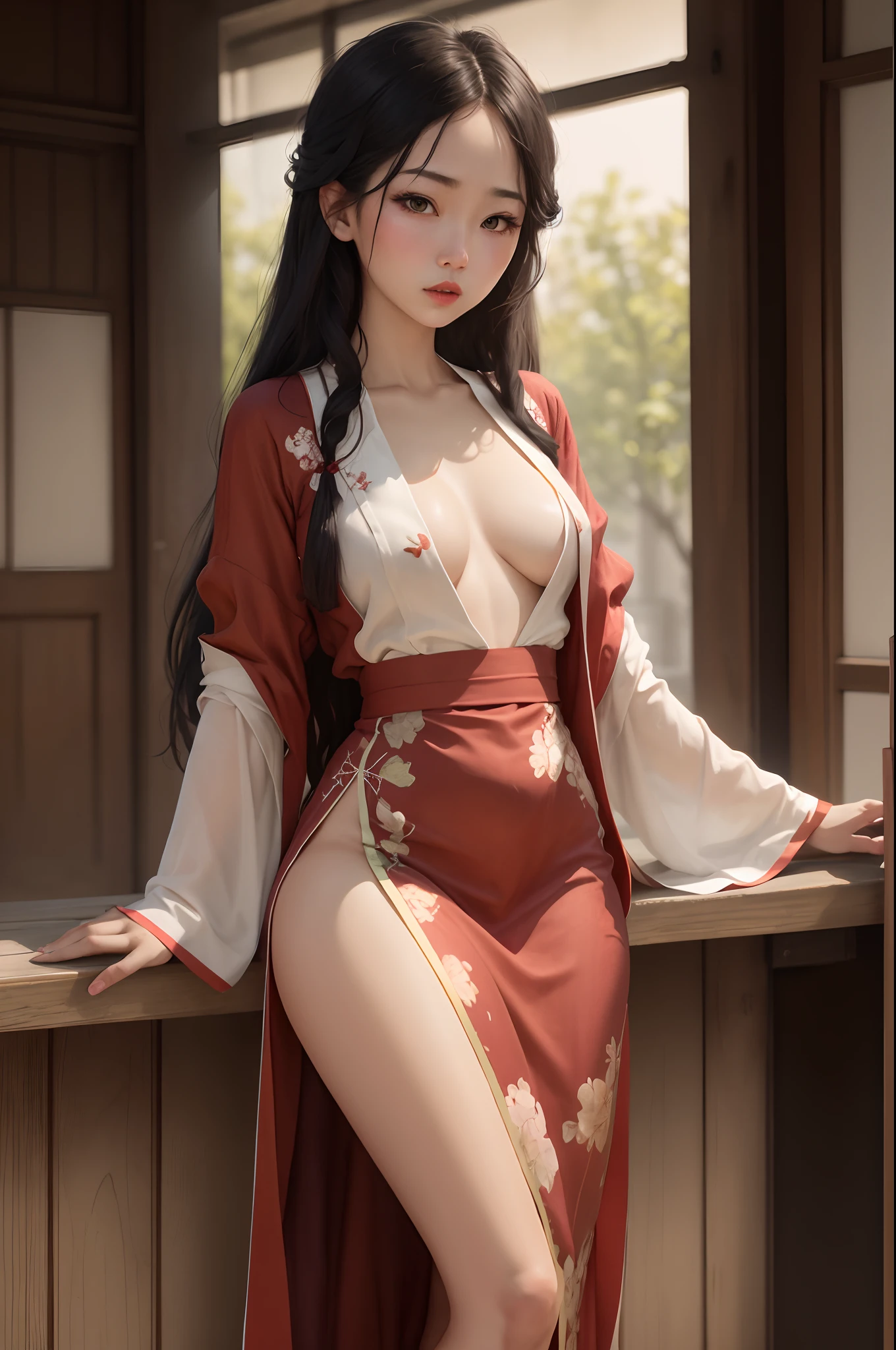 Asian girl small tits long hair red lip red traditional dress cover breast