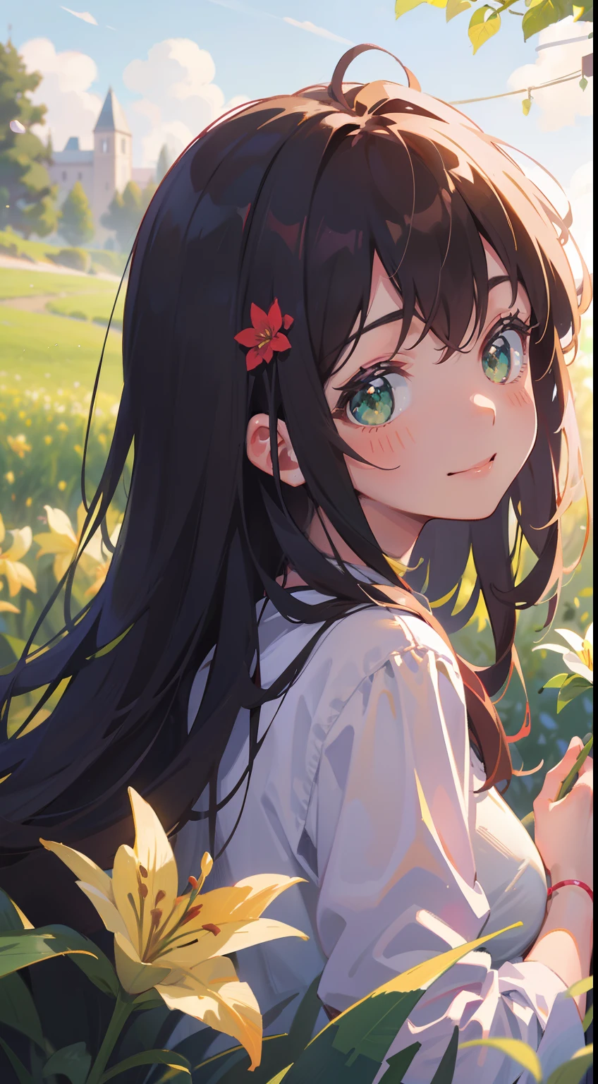 (masterpiece), (best quality), ultra high res, sharp focus, warm pastel tone, ((1 woman, solo)), upper body, dutch shot, (from upfront), beautiful detailed hair, chestnut brown hair, long hair tumbles down, beautiful detailed face, green eyes, comfortable face, perfect feminine face, looking at the viewer, smiles, in the meadow of lily flowers, (in the morning time:1.2), is holding a flower for viewer