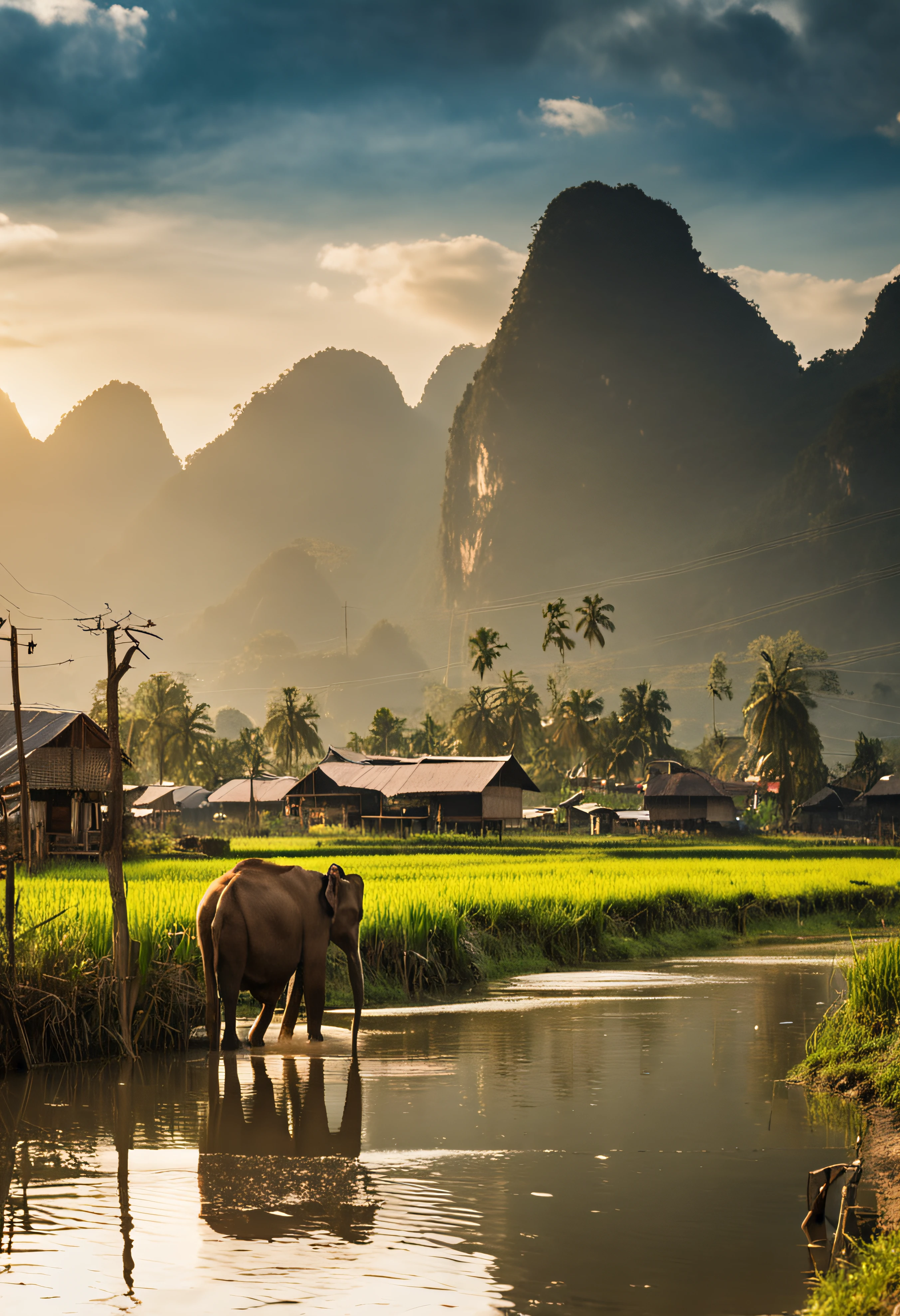 Vang Vieng Lao peasants are surrounded by small hills..，In the middle is a flat rice field with endless views..，Golden grain。There is a small river at the foot of the mountain..，On both sides of the river planted bamboo clusters..，Small children herding cows，While running happily in the fields..
