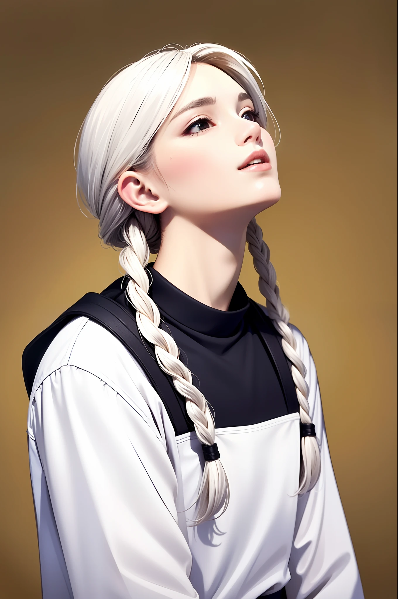 best quality, masterpiece,white hair, gold eyes,white clothes, looking up, upper body,hair strand,Fair skin,side braids