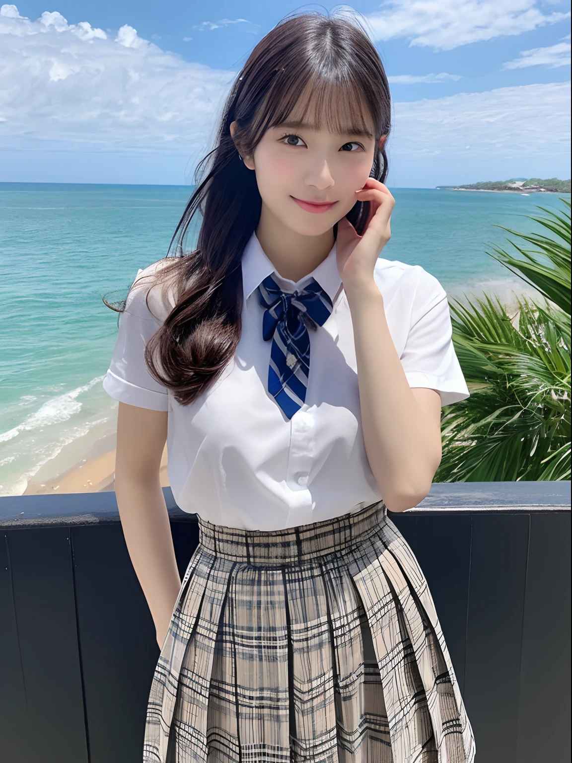 ((top-quality、8K、masterpiece:1.3))、foco nítido:1.2、Beautiful schoolgirl in perfect style:1.4、A slender、((A dark-haired、huge tit、tits out:1.2))、(夏天、Mare、beach、Enoshima:1.1)、Highly detailed facial and skin texture、A detailed eye、二重まぶた、Sweaty、A sexy、the beach、summer vacation、date、Okinawa、hawaii、Mare、sand beach、ocean view、((beach))、((Uniform 1.5))、jk suit plaid skirt pleated skirt shirt bowtie