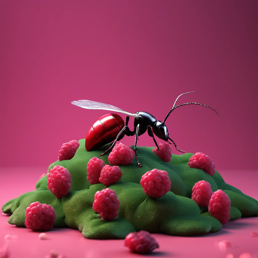 An ant lying on a pile of raspberries，Dreamy light，High-angle lens shooting，photorealistic cinematic render, Cinematic 3D rendering, realistic cgi render, Depicted as a 3D rendering