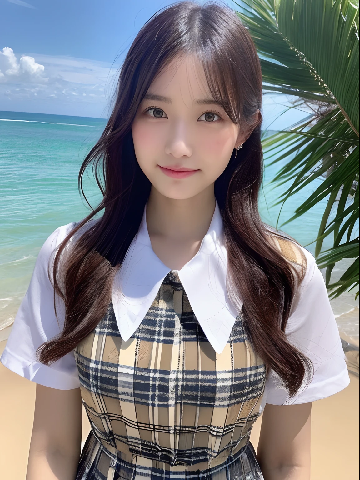 ((top-quality、8K、masterpiece:1.3))、foco nítido:1.2、Beautiful schoolgirl in perfect style:1.4、A slender、((A dark-haired、huge tit、tits out:1.2))、(夏天、Mare、beach、Enoshima:1.1)、Highly detailed facial and skin texture、A detailed eye、二重まぶた、Sweaty、A sexy、the beach、summer vacation、date、Okinawa、hawaii、Mare、sand beach、ocean view、((beach))、((Uniform 1.5))、jk suit plaid skirt pleated skirt shirt bowtie