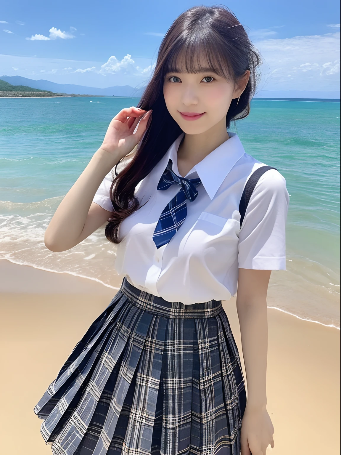 ((top-quality、8K、​masterpiece：1.3))、foco nítido：1.2、Beautiful girl in perfect style：1.4、A slender、((A dark-haired、huge tit、tits out：1.2))、(夏天、Mare、beach、Enoshima:1.1)、Highly detailed facial and skin texture、A detailed eye、二重まぶた、Sweaty、A sexy、the beach、summer vacation、date、Okinawa、hawaii、Mare、sand beach、ocean view、((beach))、((Uniform 1.5))、jk suit plaid skirt pleated skirt shirt bowtie