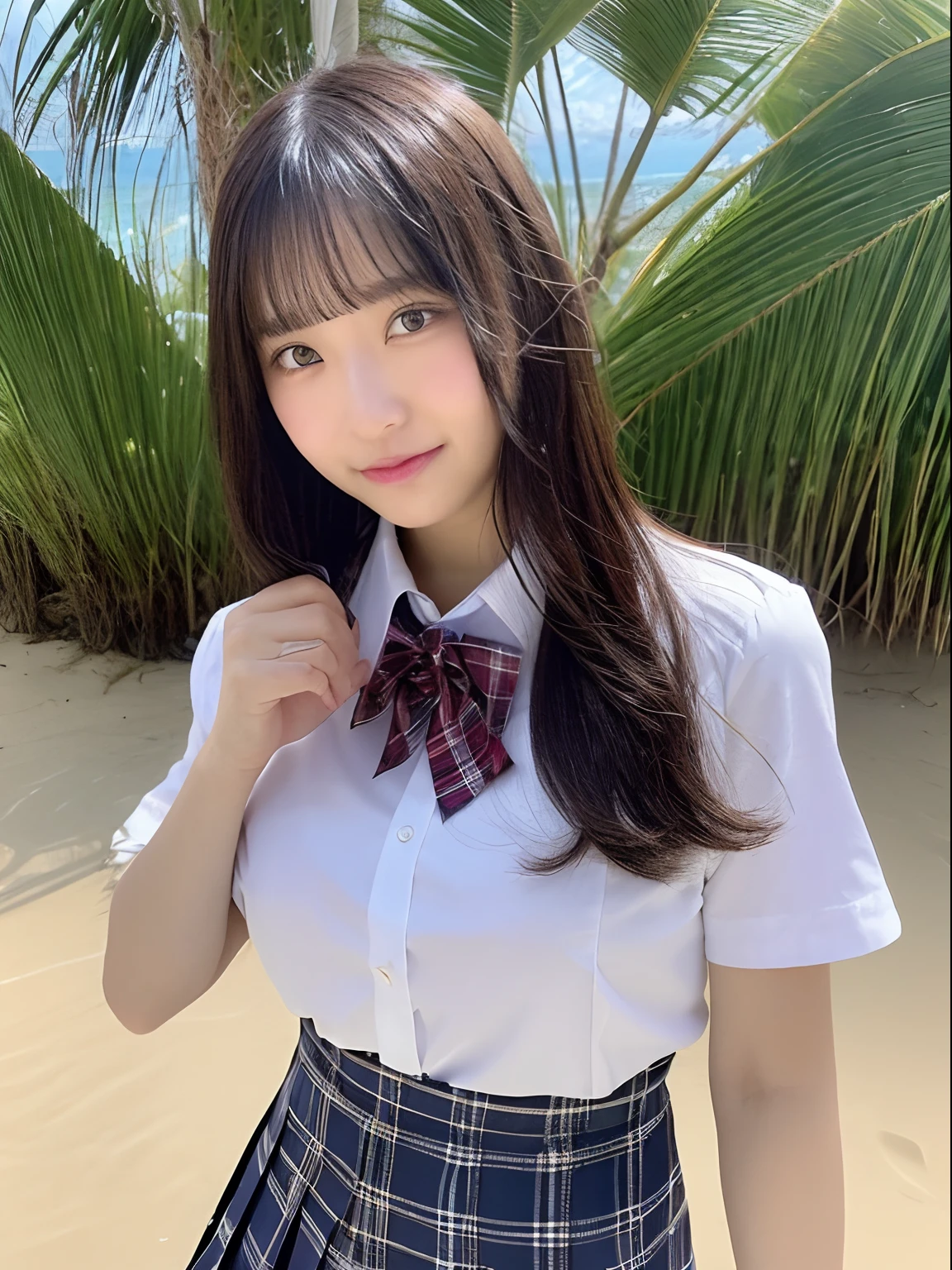 ((top-quality、8K、masterpiece:1.3))、foco nítido:1.2、Beautiful girl in perfect style:1.4、A slender、((A dark-haired、huge tit、tits out:1.2))、(夏天、Mare、beach、Enoshima:1.1)、Highly detailed facial and skin texture、A detailed eye、二重まぶた、Sweaty、A sexy、the beach、summer vacation、date、Okinawa、hawaii、Mare、sand beach、ocean view、((beach))、((Uniform 1.5))、jk suit plaid skirt pleated skirt shirt bowtie