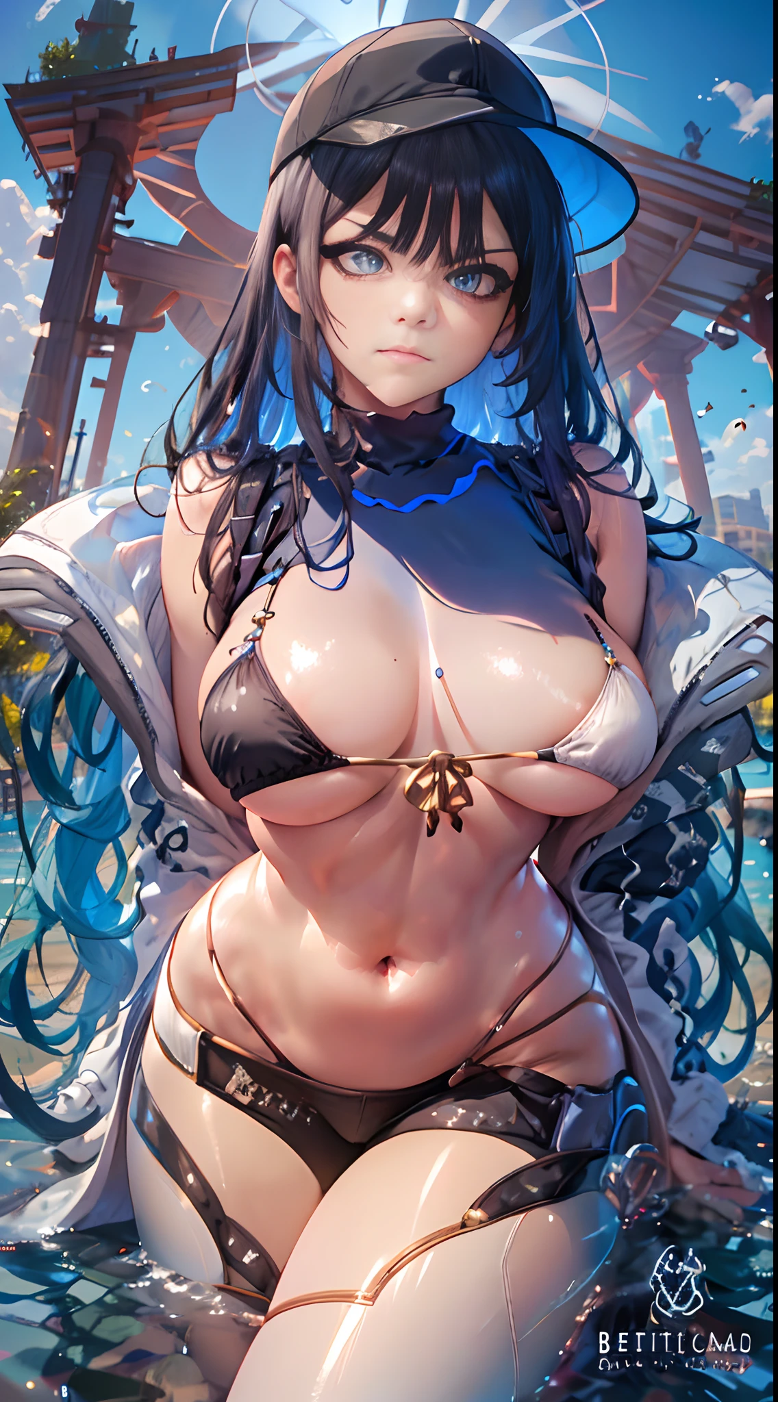 Cheers Saki | Blue Archives, Iwhole Body, (NSTDA.:1.2), (10, beste-Qualit, master-piece: 1.4), ultra-high resolution, (Realistic, photorealistic portrait: 1.48), 25-year-old girl , ( Micro Beetle View - Bikini Pass:1.11), Famous Japanese celebrities, gigantic breasts, Blue Eyes, Head Tilted, cowboy shot, View from the front, looking at the audience, expressionless, Beautiful Sea Zeiss f 150mm/ 2.8 Hasselblad, Whole body, foot , Ultra-Wide Angle