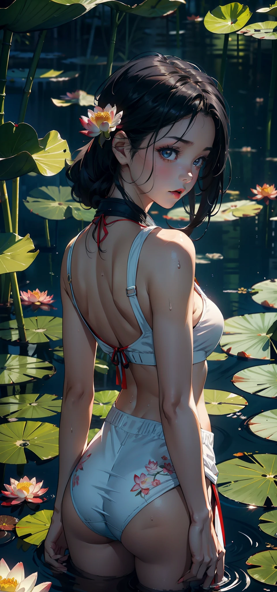 1female，for 6 ，bit girl，Small loli，smalnderboob，Raised sexy，Pornographic exposure， 独奏，（Background with：Surrounded by lotus flowers，bamboo forrest，Lotus pond，lotuses，lotus flower，china rose，rosette，chrysanthemums） She has short black hair，standing on your feet，Sweat profusely，drenched all over the body，seen from the front， hair straight， mostly cloudy sky，（（（tmasterpiece），（Very detailed CG unity 8K wallpaper），best qualtiy，cinmatic lighting，detailed back ground，beatiful detailed eyes，Bright pupils，（Very fine and beautiful），（Beautiful and detailed eye description），Black eyes，Redlip，ultra - detailed，tmasterpiece，）），facing at camera，（The upper part of the body），A high resolution，ultra - detailed），revealing breasts，Bare genitalia，  Bulge，legs are open，sexyposture，Camel toes，Flushed complexion，Open-mouthed，frontage，Supergirl，elementary d，Lotus hair ornaments（Wearing：Superman uniform，Transparent hanbok，Red streamer）