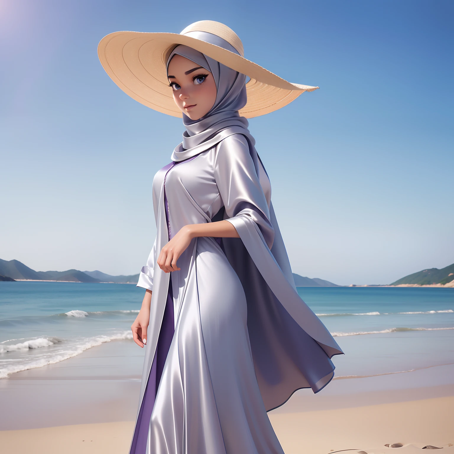 ((Masterpiece, best quality, photography, detailed skin, realistic, photo-realistic, 3D Character Design, pixar, 8k, highly detailed, full length frame, High detail RAW color art, diffused soft lighting, shallow depth of field, sharp focus, hyperrealism, cinematic lighting, close up)); hijab, a woman in a ((purple satin shirt)), ((silver satin hijab)), gray loose cardigan with Elegant Large Brim Straw Hat, posing for a picture, walking in the beach, Warm light background