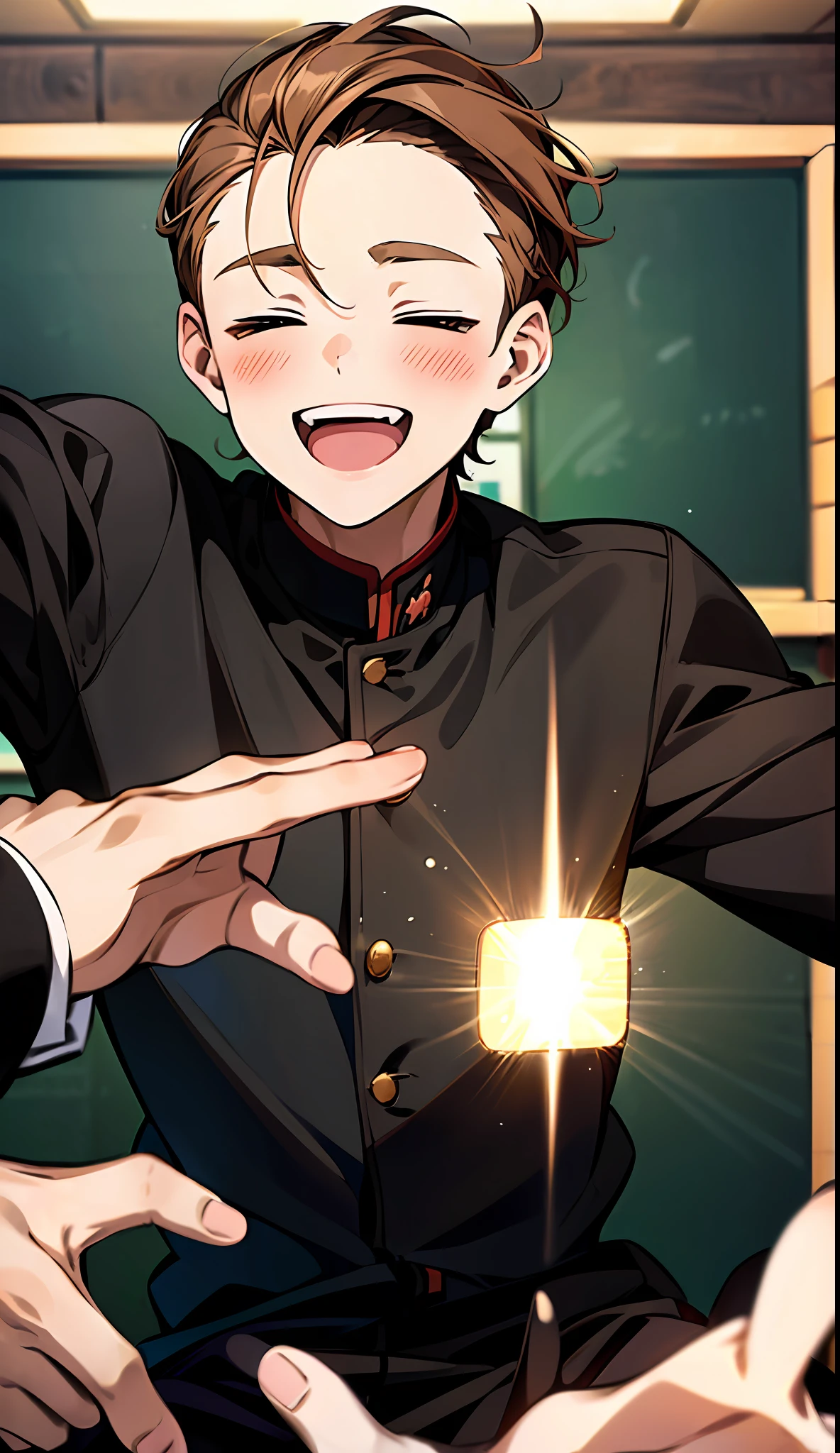 solo, (((anime boy with light brown hair))), ((male)), (closed eyes), (exposed forehead), ((wide open mouth smile)), (((in traditional black school uniform))), ((classroom in background)), ((high quality)), (extremely detailed)