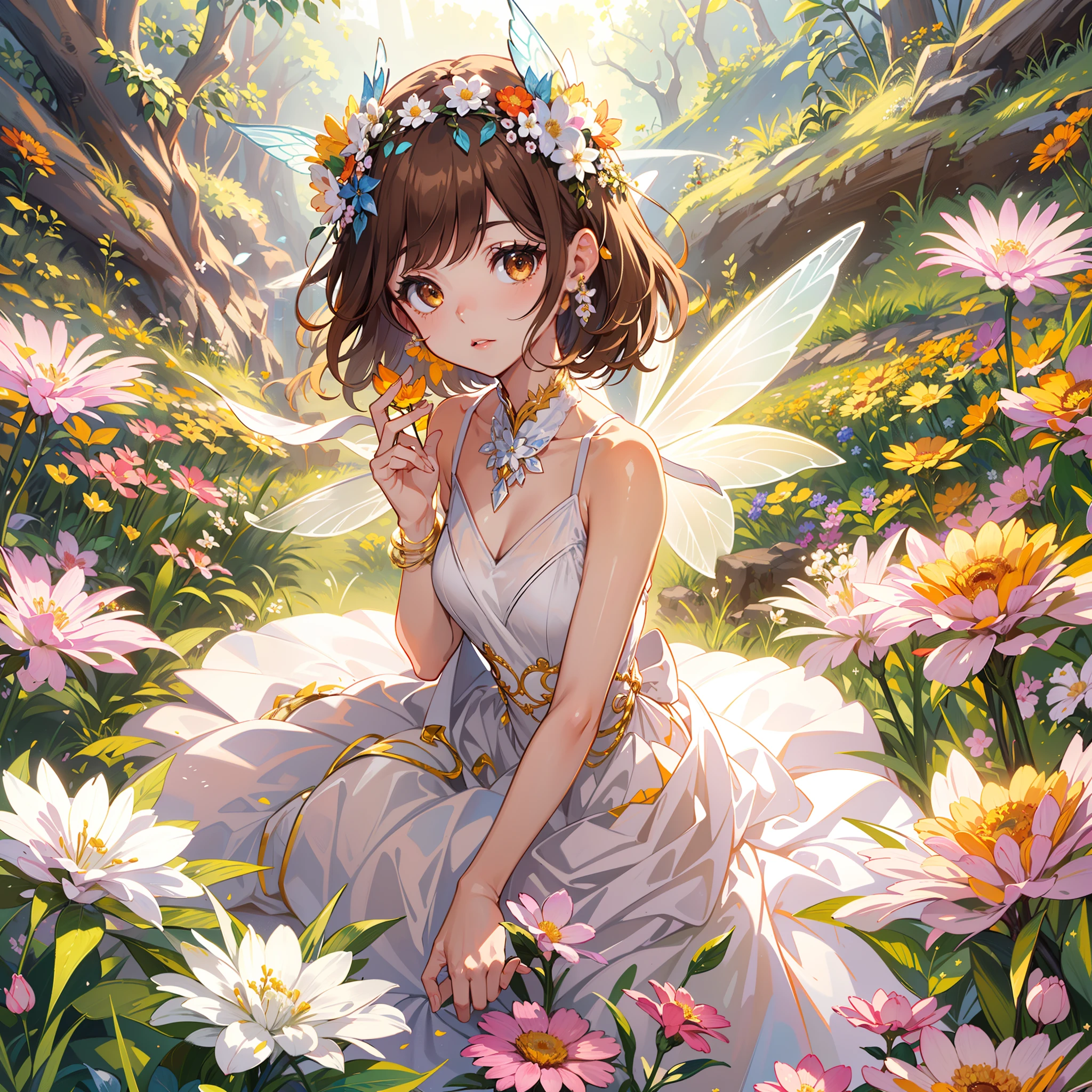 (extremely detailed CG unity 8k wallpaper, masterpiece, best quality, ultra-detailed),(best illumination, best shadow, an extremely delicate and beautiful), floating, high saturation, professional photoshoot, god rays, reflection,
little fairy, (1girl), ((brown short hair):(brown hair:1.3)|(black hair:0.8)),orange bright eyes, wear ((white dress with flower accessory)), have fairy wings, wear flower theme accessory, in middle variations of flower fields, calm vibe, meditate, full body shot, symmetrical