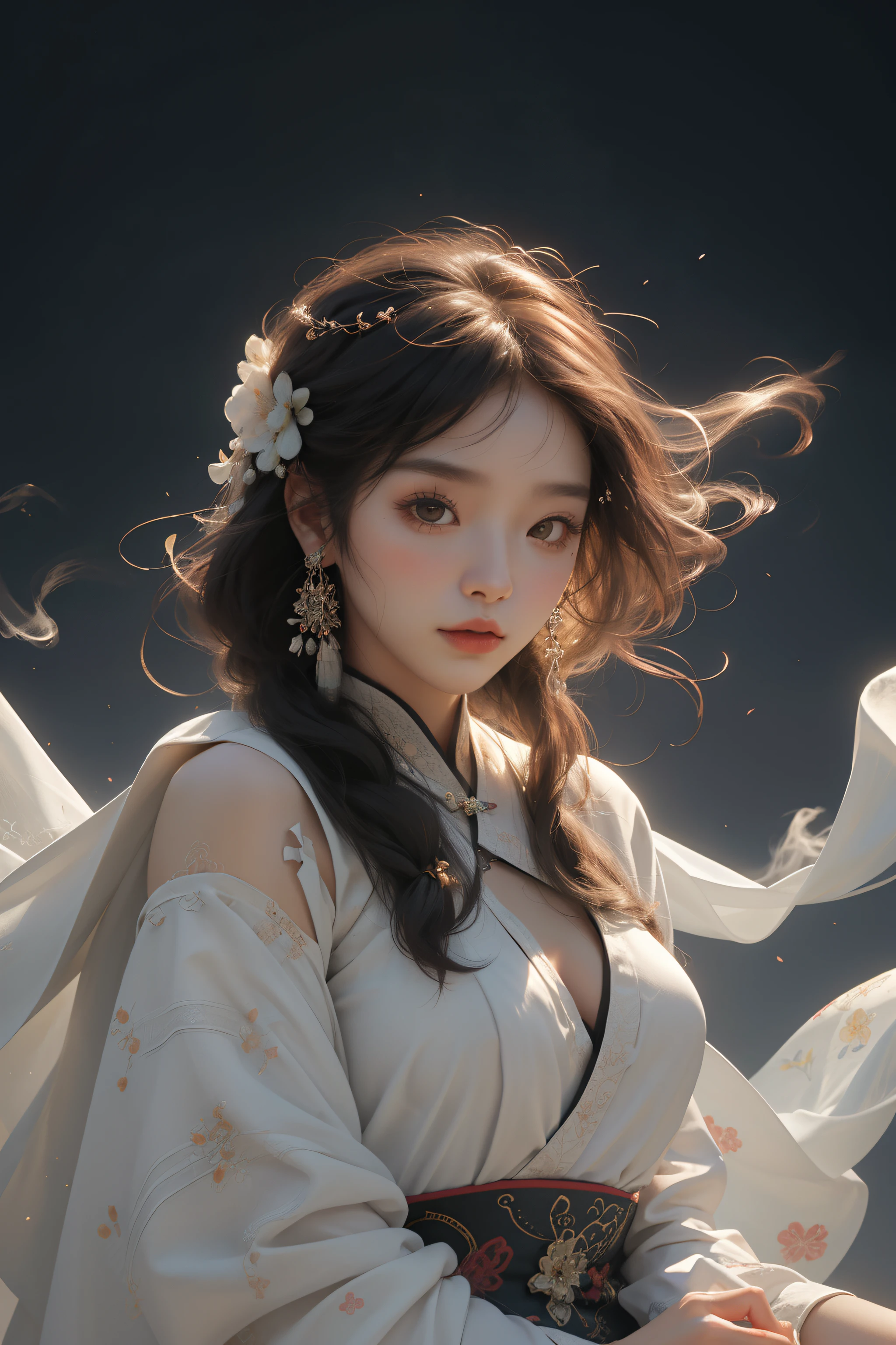 zhongfenghua, 1girl, solo, hanfu, ancient_chinese_architecture, flower field, blossom, (white smoke:1.3) (photorealistic:1.4), zentangle, mandala, entangle, official art, unity 8k wallpaper, ultra detailed, beautiful and aesthetic, masterpiece,best quality, (dynamic angle:1.4), glowing skin, (floating colorful sparkles:1) the most beautiful form of chaos, elegant, a brutalist designed, vivid colours, romanticism depth of field exotic_dance