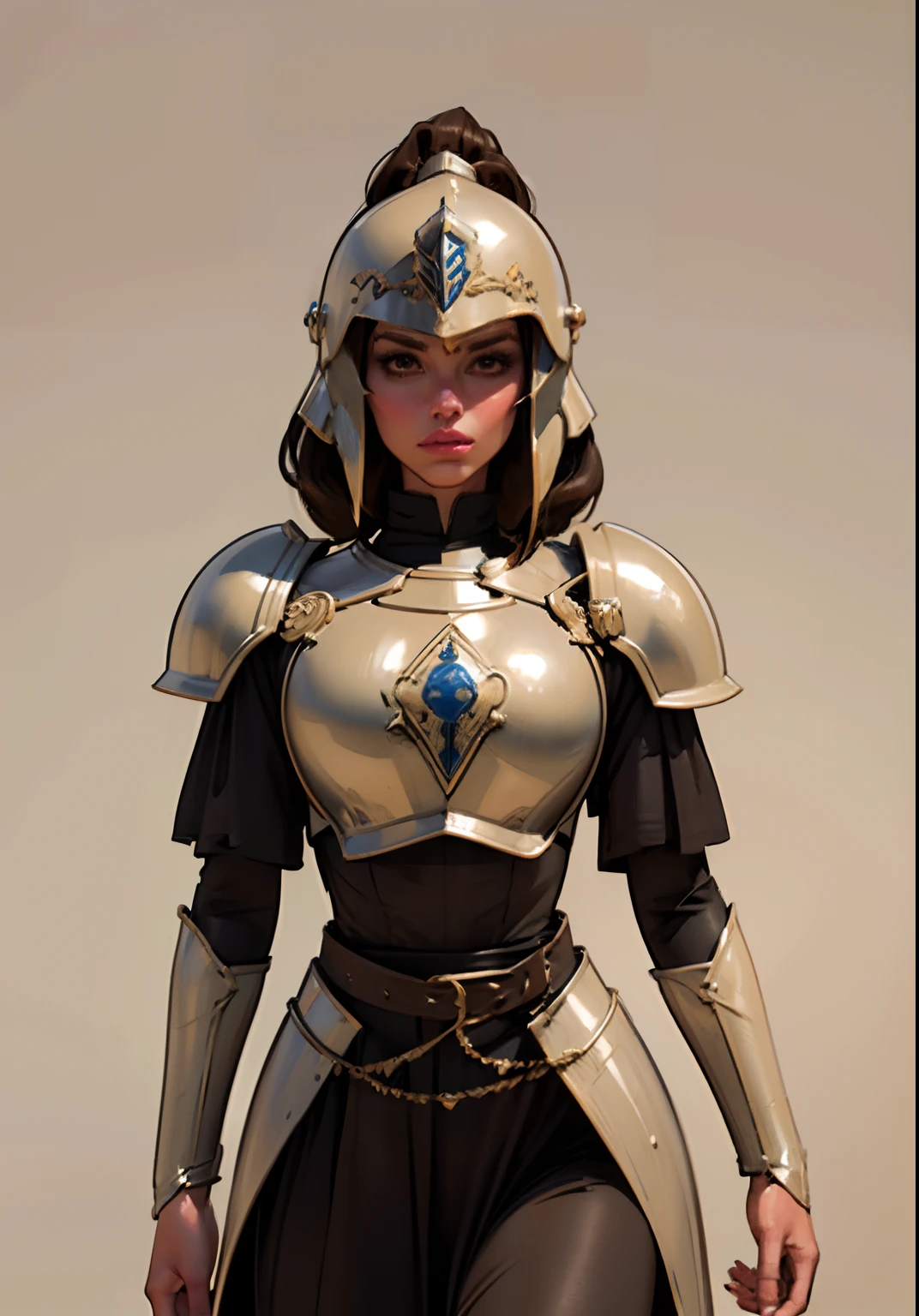 Full view, Gray clay style,(masterpiece, best quality), Grayscale,a woman in armor, full armor, helmet,armor,extra arms, (Arthurian medieval helmet:1.3)breastplate, (dark brown skin:1.5), platinum blonde hair, pixiecut, dainty, dribbles and marks, rough sketches, perfect face, pretty face, lush detail,