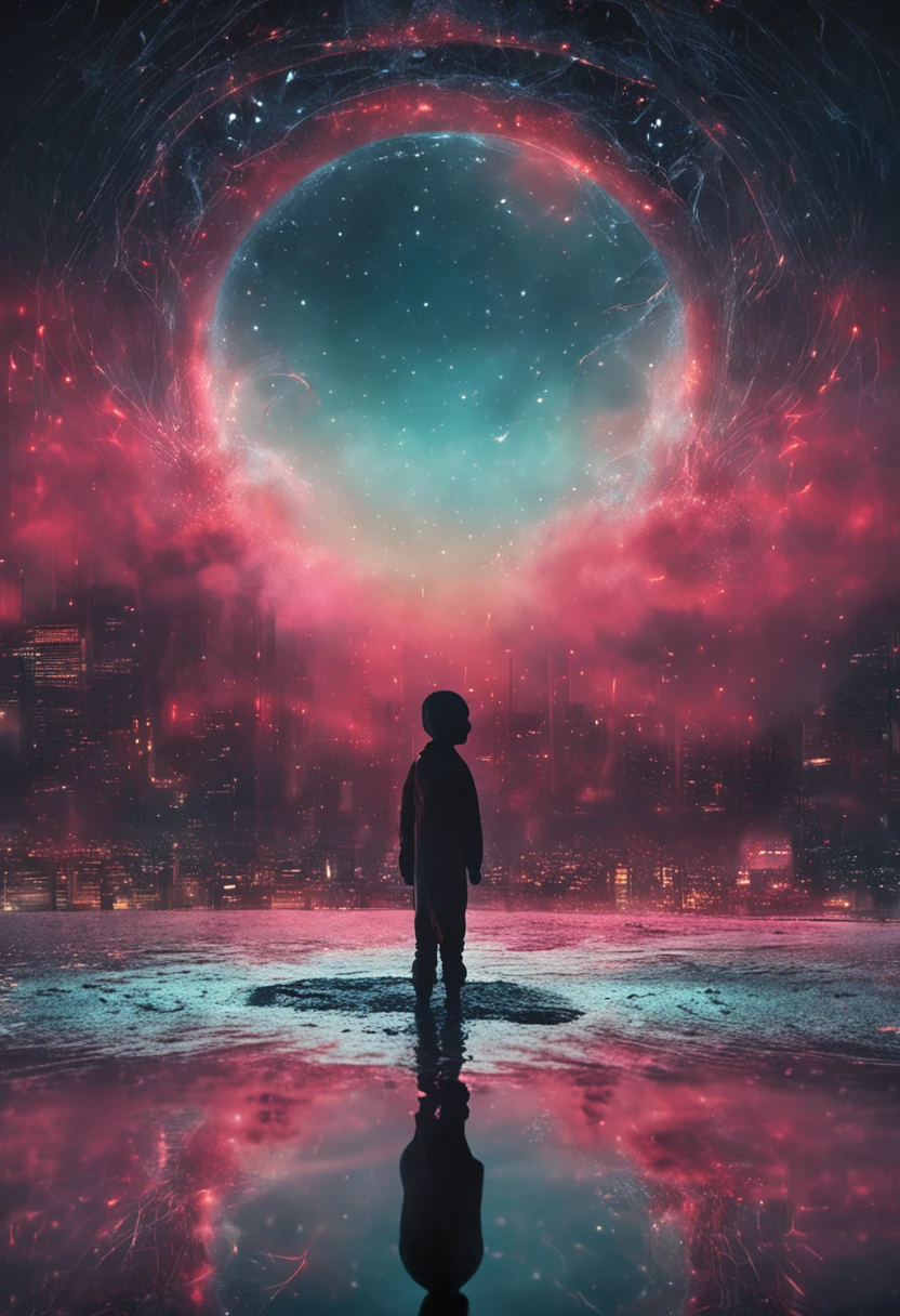 dream-state,Dream nucleus,Strange puppet doll standing in a water-black pool with its head tilted,Surrounded by a misty city
