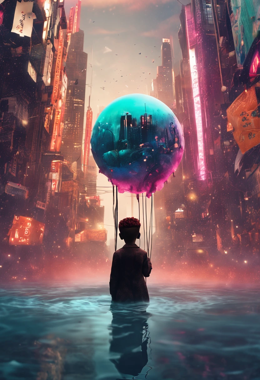 dream-state,Dream nucleus,Strange puppet doll standing in a water-black pool with its head tilted,Surrounded by a misty city