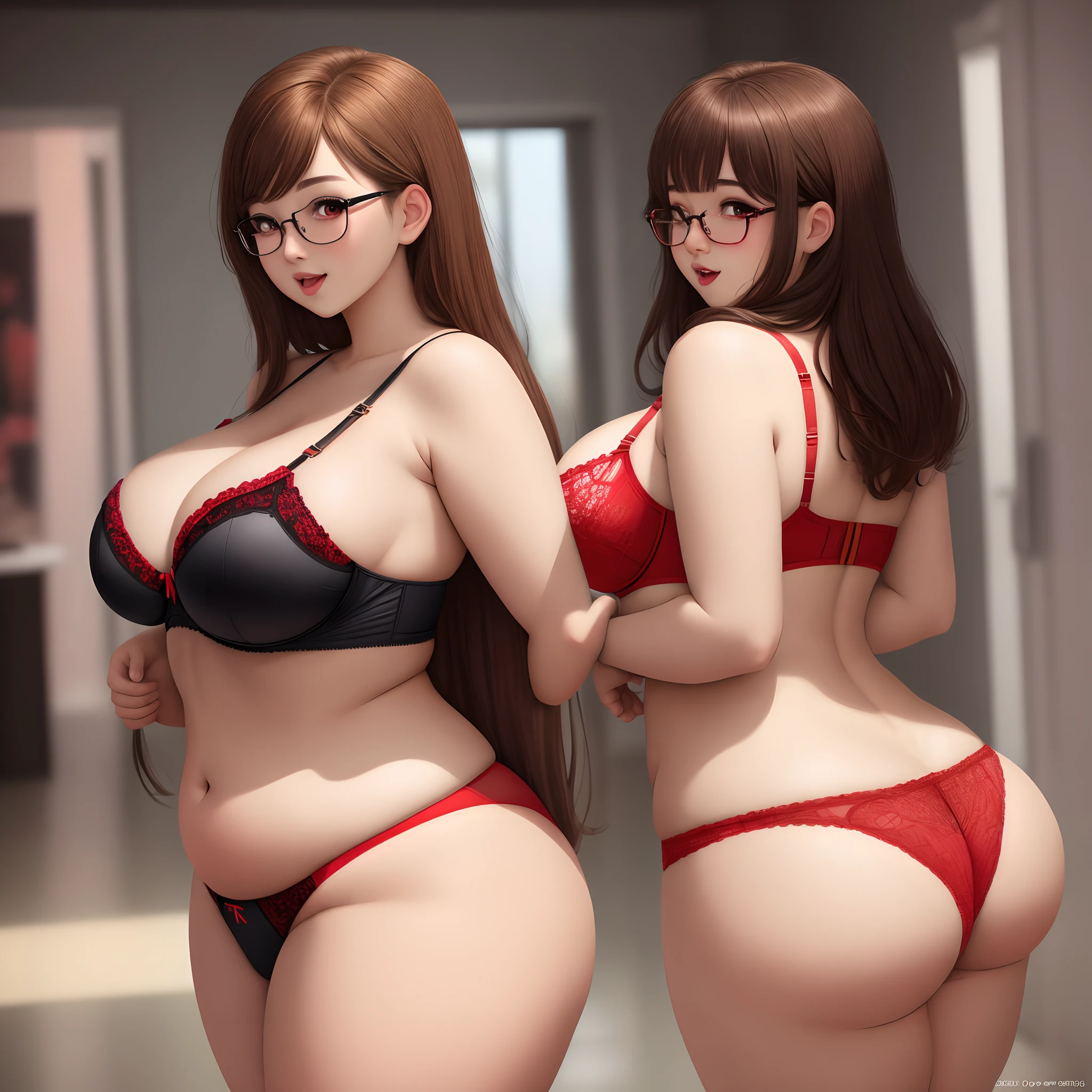 plus size, young, brown hair, Square shaped glasses, red eyes, red bra, red panties, black stockings, big breasts, big butt, thicc thighs, ahegao