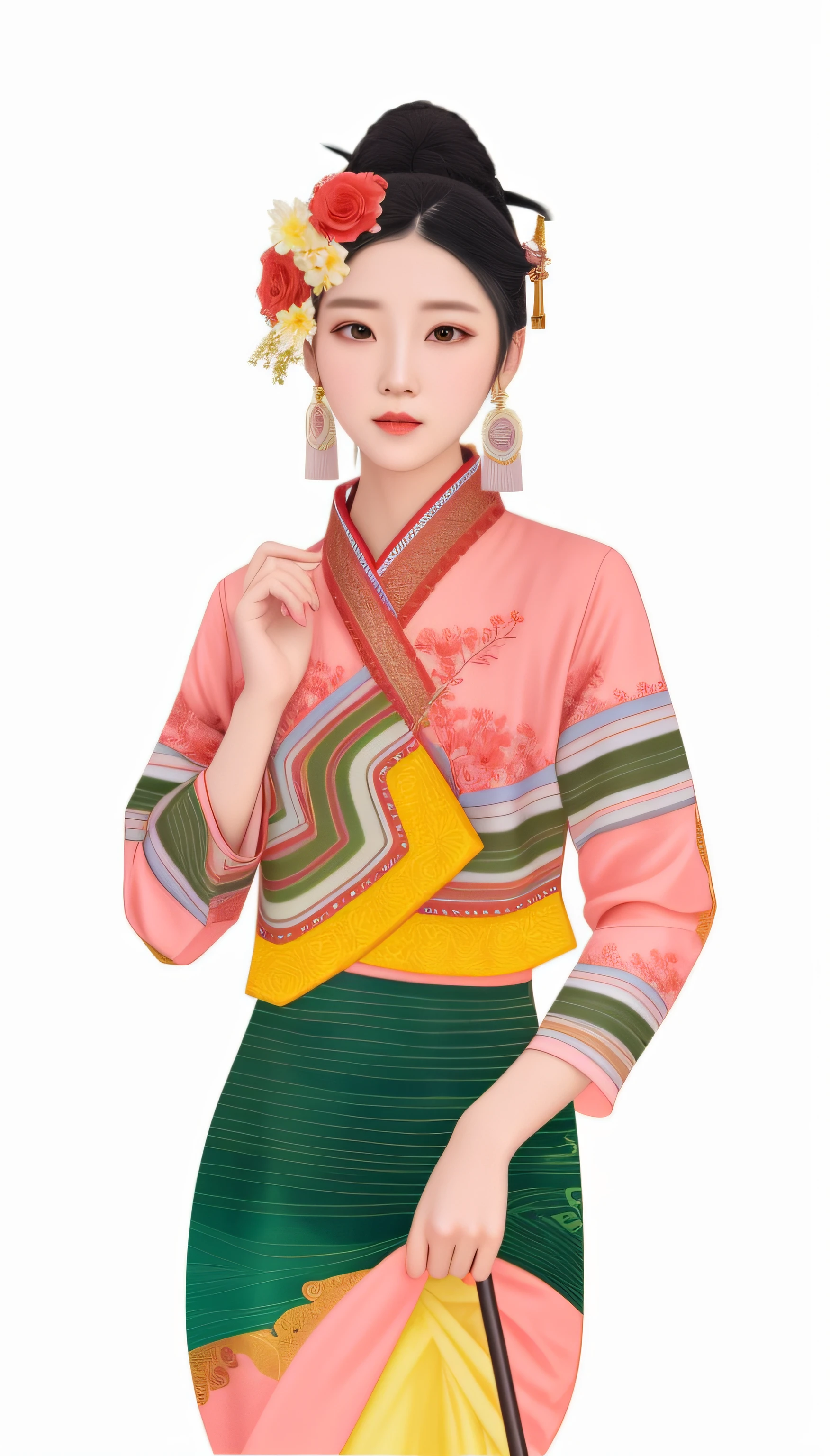 a drawing，A woman in traditional dress，A flower stuck in his hair, with acient chinese clothes, Inspired by Lan Ying, Palace ， A girl in Hanfu, inspired by Jin Nong, inspired by Ma Yuanyu, Chinese girl, Cheongsam, Chinese costume, Inspired by Dai Xi, Chinese woman, traditional garb, traditionalcostumes