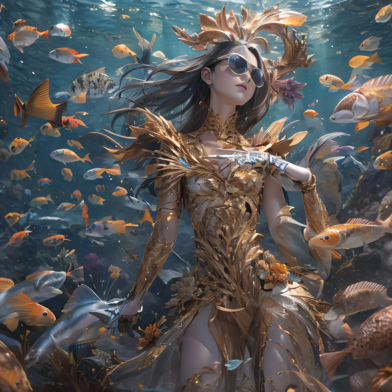 (ocean floor、Marine life、Beautiful coral reef、The fish),Messy painting style，Hair flows in water，Transparent wings，Wear thick gold-framed reflective sunglasses，32K（tmasterpiece，k hd，hyper HD，32K）Burgundy double ponytail，Silver Skull jewelry district under the sea，Indigo Skull King ，Skeleton protector （The skeleton is realistic：1.4），Skull pattern robe，Silver skull flower ornaments，Petals flutter，Colored ball head，Hold your head high，Be proud，The nostrils look at people， A high resolution， the detail， RAW photogr， Sharp Re， Nikon D850 Film Stock Photo by Jefferies Lee 4 Kodak Portra 400 Camera F1.6 shots, Rich colors, ultra-realistic vivid textures, Dramatic lighting, Unreal Engine Art Station Trend, cinestir 800，Hold your head high，Be proud，The nostrils look at people，Tsundere，Petals flutter，Petals flutter，Sprinkle with gold dust，Fluttering，Impeccable，( reasonable design, Clear lines, High sharpness,Best quality, Very detailed skeleton, The skeleton of a masterpiece, offcial art, movie light effect, 4K skeleton（（（Wear thick gold-framed reflective sunglasses）））Transparent wings，（baton）（Baton in hand）（Giant stick）baton，