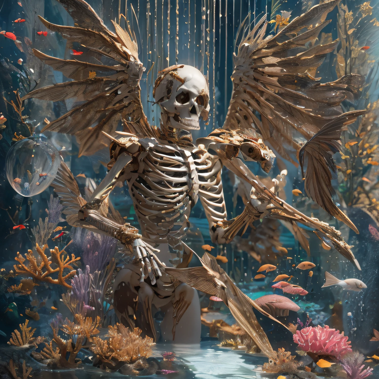 (ocean floor、Marine life、Beautiful coral reef、The fish),Messy painting style，Hair flows in water，Transparent wings，Wear thick gold-framed reflective sunglasses，32K（tmasterpiece，k hd，hyper HD，32K）Burgundy double ponytail，Silver Skull jewelry district under the sea，Indigo Skull King ，Skeleton protector （The skeleton is realistic：1.4），Skull pattern robe，Silver skull flower ornaments，Petals flutter，Colored ball head，Hold your head high，Be proud，The nostrils look at people， A high resolution， the detail， RAW photogr， Sharp Re， Nikon D850 Film Stock Photo by Jefferies Lee 4 Kodak Portra 400 Camera F1.6 shots, Rich colors, ultra-realistic vivid textures, Dramatic lighting, Unreal Engine Art Station Trend, cinestir 800，Hold your head high，Be proud，The nostrils look at people，Tsundere，Petals flutter，Petals flutter，Sprinkle with gold dust，Fluttering，Impeccable，( reasonable design, Clear lines, High sharpness,Best quality, Very detailed skeleton, The skeleton of a masterpiece, offcial art, movie light effect, 4K skeleton（（（Wear thick gold-framed reflective sunglasses）））Transparent wings，（baton）（Baton in hand）（Giant stick）baton，