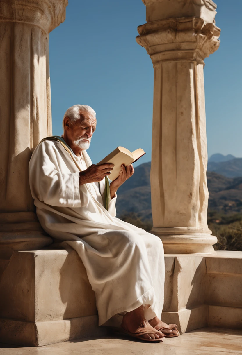 "A hyper-realistic oil painting of an elderly man wearing a white toga, sitting quietly on an antique white marble balcony. Ao fundo, a mountainous landscape under a clear blue sky. O homem tem uma barba grisalha longa e olhar sereno, with an open book in his lap and a feather in his hand. Ao seu lado, a clay container with water and some vine leaves. The afternoon sunlight illuminates your face in concentration, enquanto ele escreve calmamente em seu livro. A imagem transmite sabedoria, Simplicity and Stoic Resignation. Painted with realistic details in oil, focusing on the features of the face, tecidos e objektos ao lado. 1024 x 576 pixel resolution, ideal para uso como banner do Youtube."