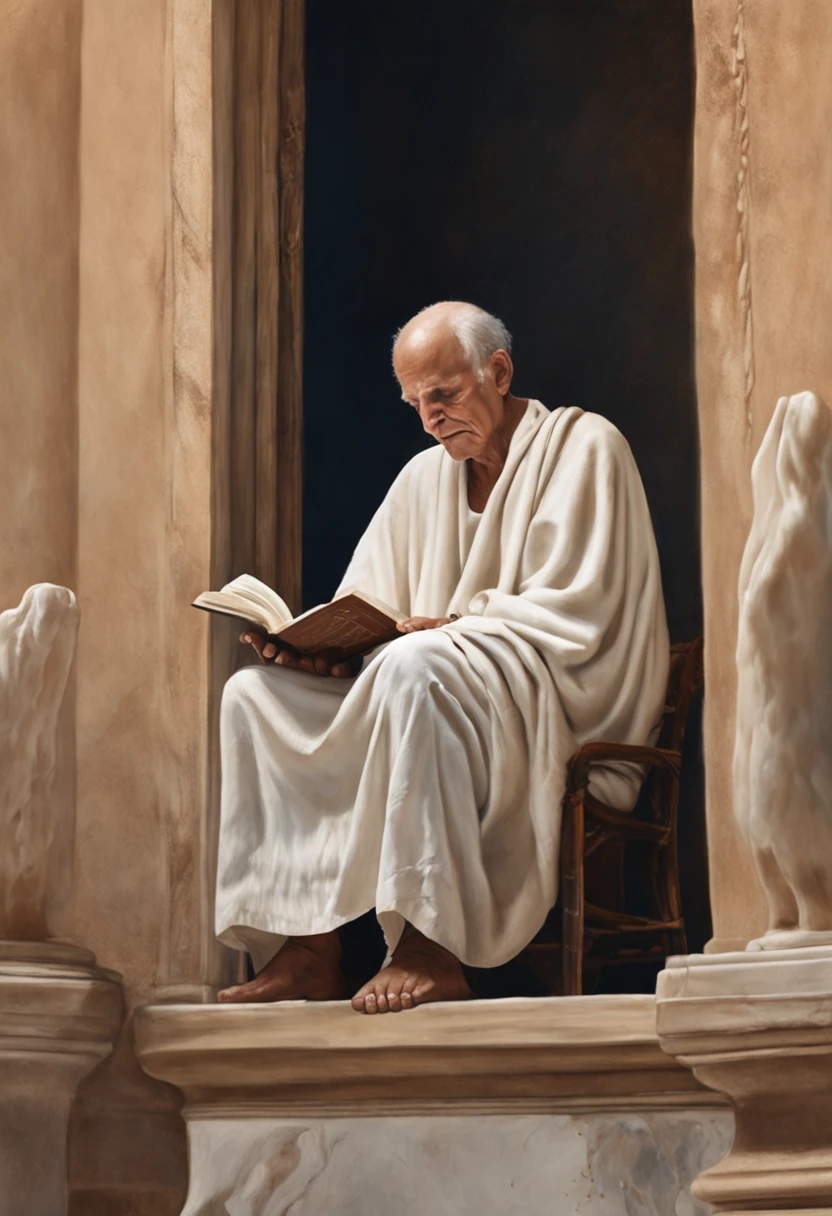 "A hyper-realistic oil painting of an elderly man wearing a white toga, sitting quietly on an antique white marble balcony. Ao fundo, a mountainous landscape under a clear blue sky. O homem tem uma barba grisalha longa e olhar sereno, with an open book in his lap and a feather in his hand. Ao seu lado, a clay container with water and some vine leaves. The afternoon sunlight illuminates your face in concentration, enquanto ele escreve calmamente em seu livro. A imagem transmite sabedoria, Simplicity and Stoic Resignation. Painted with realistic details in oil, focusing on the features of the face, tecidos e objektos ao lado. 1024 x 576 pixel resolution, ideal para uso como banner do Youtube."