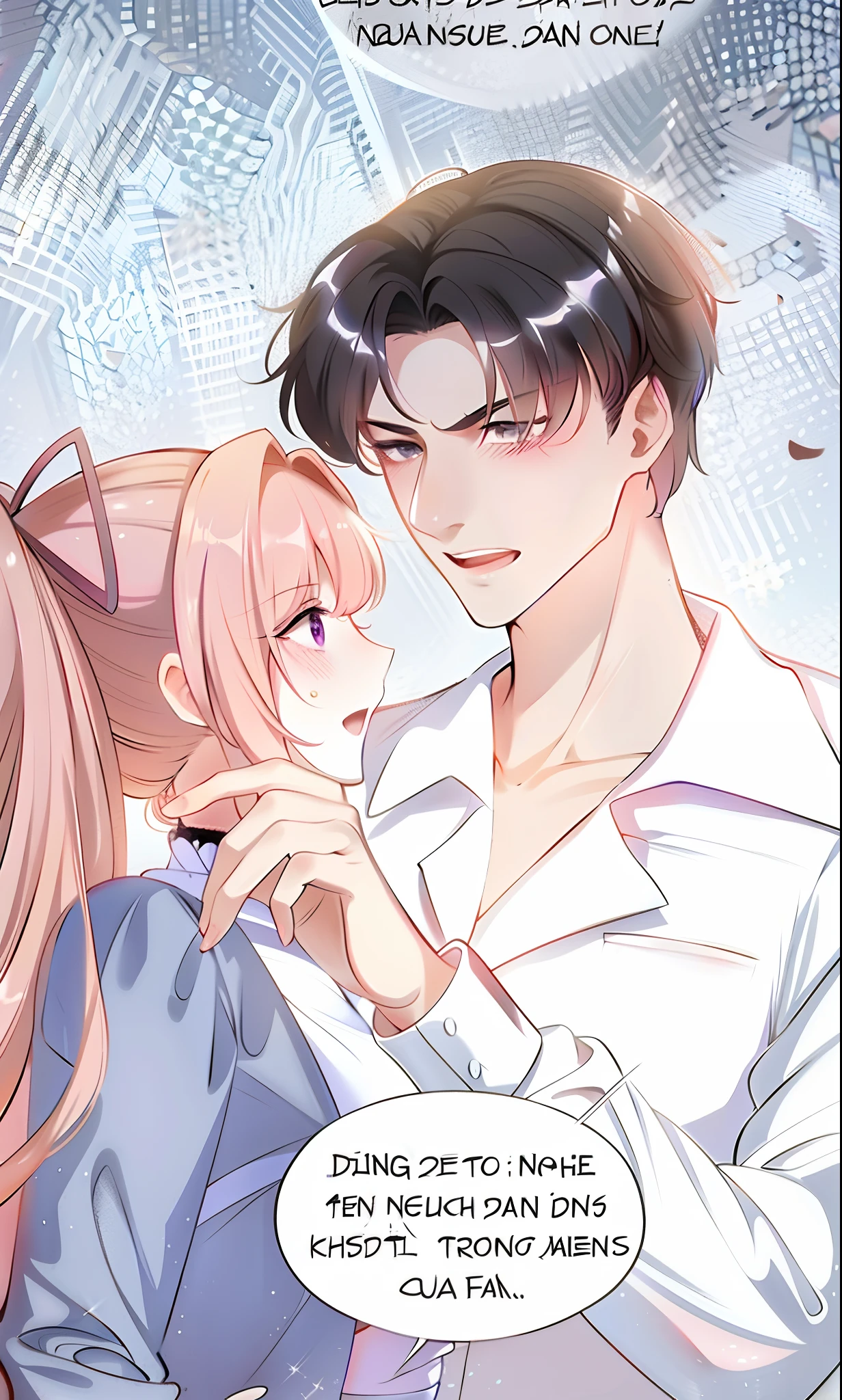 a girl is in the wrong place to be kissed by a guy, shoujo romance, sakimichan and frank franzzeta, manhwa, kissing together cutely, shoujo manga, hand on his cheek, delicate androgynous prince, high quality fanart, frank franzzeta and sakimichan, inspired by Tomioka Tessai, ddlc, Purple-haired female ,Brunette Male