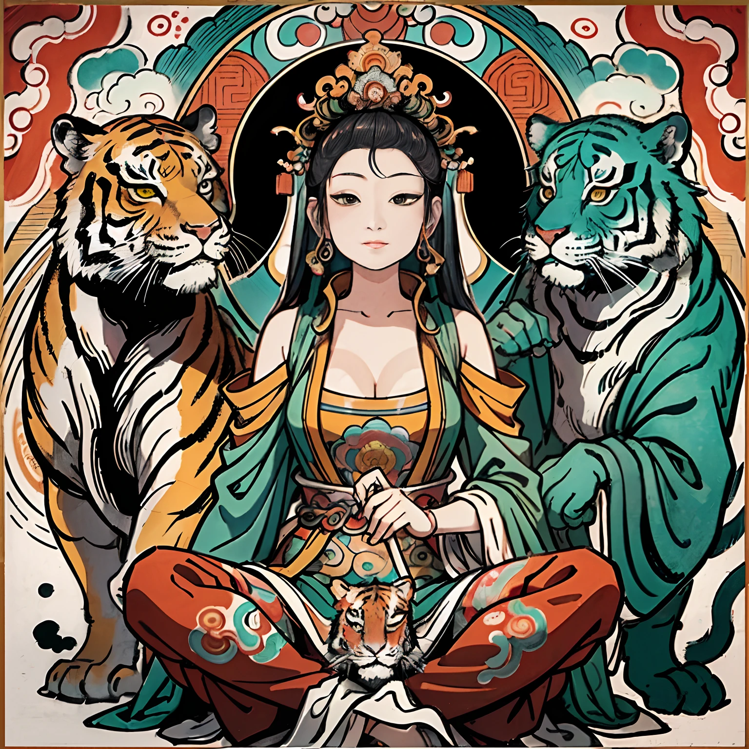 an ancient Chinese goddess, guanyin of the southern seas, Guanyin, Inspired by India, Avalokiteshvara rides a tiger,,Serene expression,shui mo hua,Buddha,Buddhist,Lotus,Chinese painting style,Thangka style