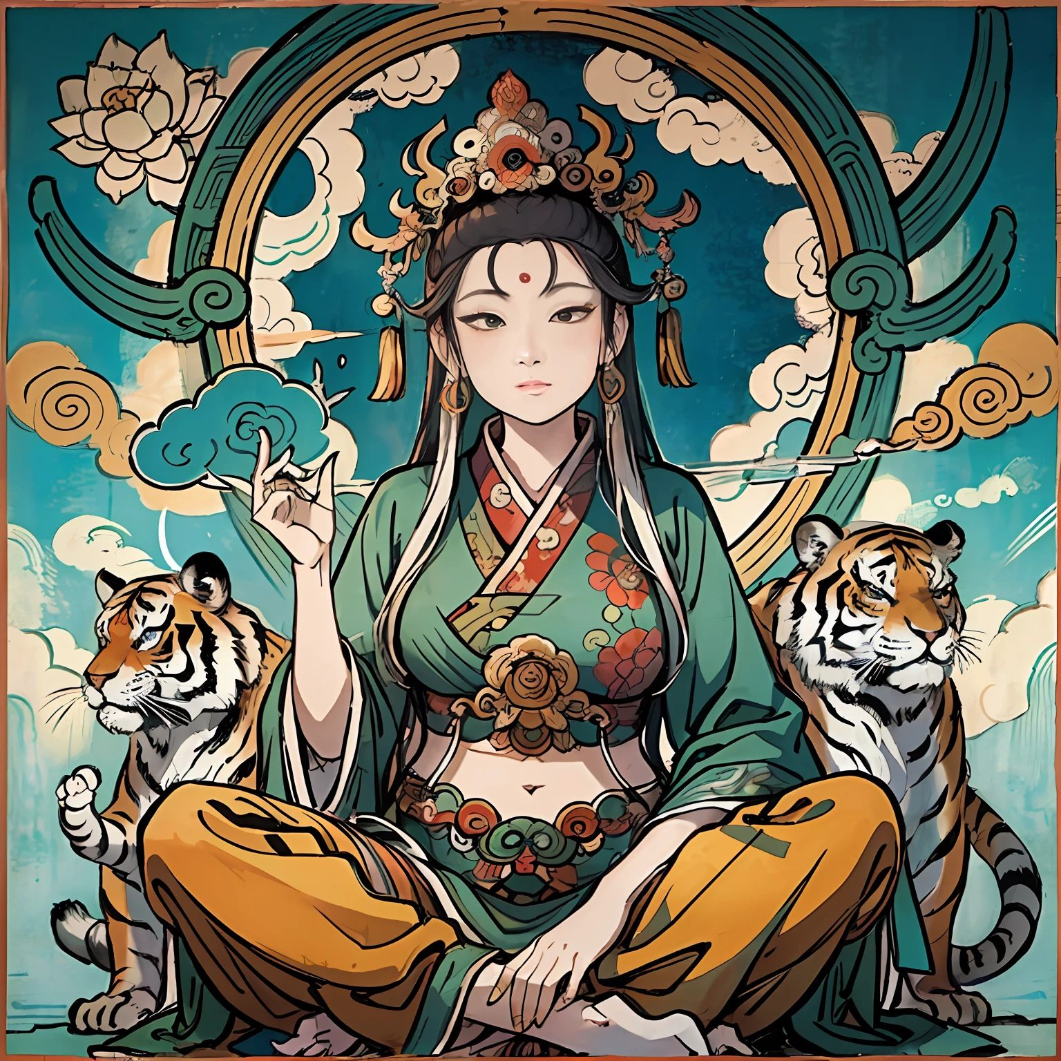 an ancient Chinese goddess, guanyin of the southern seas, Guanyin, Inspired by India, Avalokiteshvara Bodhisattva Tiger,,Serene expression,shui mo hua,Buddha,Buddhist,Lotus,Chinese painting style,Thangka style