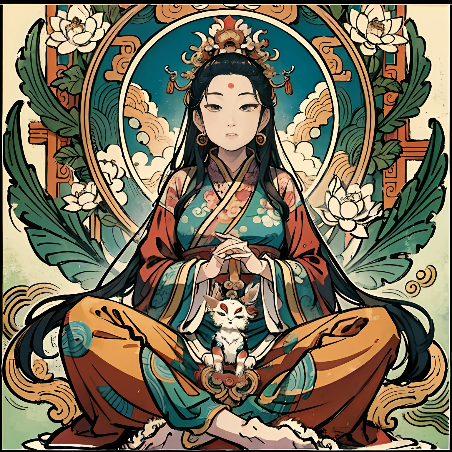 an ancient Chinese goddess, guanyin of the southern seas, Guanyin, Inspired by India, Avalokiteshvara rides a phoenix，,Serene expression,shui mo hua,Buddha,Buddhist,Lotus,Chinese painting style,Thangka style