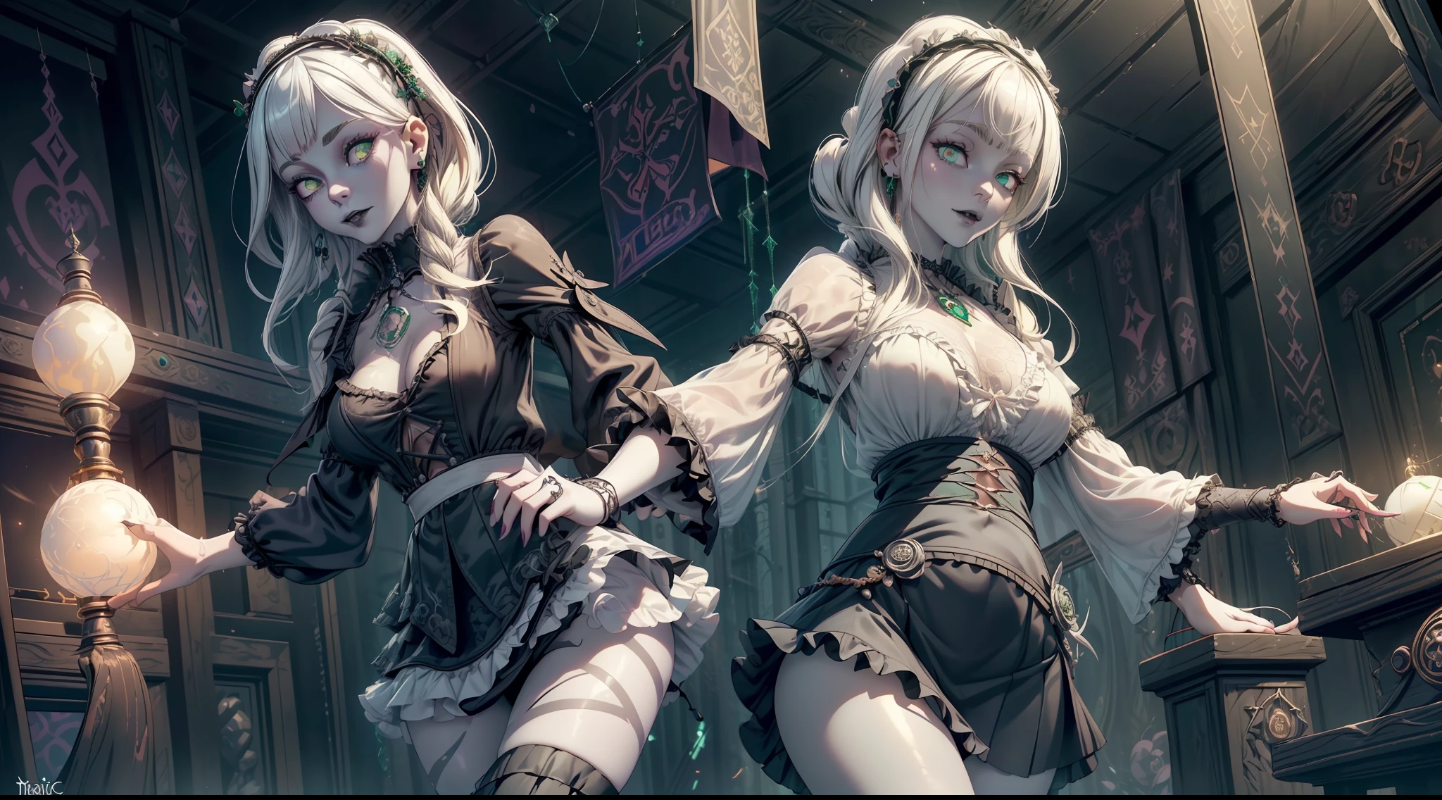 (necromance:1.2) girl, 1girl, perfect and well designed shiny eyes, (beautiful detailed (emerald:1.3) marsh eyes:1.05), natural breasts, slim body, beautiful and delicate face, (face detail), ((realistic face)), pores, ((pale skin)), detailed skin, realistic skin, medium length hair, hair voluminous, super high resolution, 8k, parameters Best quality, (masterpiece:1.4), (magic accessories:1.4), bracelets, necklaces, dark extremely detailed thick tight ((lacy silk clothing:1.3), (lacy wrap dress:1.2), (lycra kimono:0.8),(wild goth skirt:1.5)), (shabby ruffles coat:1.6), (embroidery and lace:1.3), (jewelry ornaments:1.6), hair ornament, (cloth:1.3), (neckline:1.3), (cleavage), decolette, navel, Young Girl, Little Beast, (crazy:0.7) Smile, (Pale Skin:2.0), (19 Piercings:1.6), ((tattoos all over body, Tribal tattoos all over legs)), surrounded by darkness, (Darkness:1.2), Dark Fantasy, ultra detailed, photorealistic, ((Real image)), (best quality:1.4), super high resolution, (Realistic 2.0), More details, (full body portrait), (((1girl))), (witchcraft:1.5), magic energy flows and sparkles, (futurism:1.3), fantasy, (cyberpunk:1.4), (magic technologies:1.3), (beautiful and aesthetic:1.2), (fractal art:1.4), (cinematic light:1.1), (DUTCH ANGLE:1.75), 16K, HDR, RTX, Ray Tracing, Radiosity, Anisotropic Filtering, Subsurface Scattering, (((magic lights))), metallic reflections, Detailed, Realistic, 4k highly detailed digital art, (cool_color), extremely detailed CG unity 8k wallpaper, vibrant colors, (((seductive pose)))