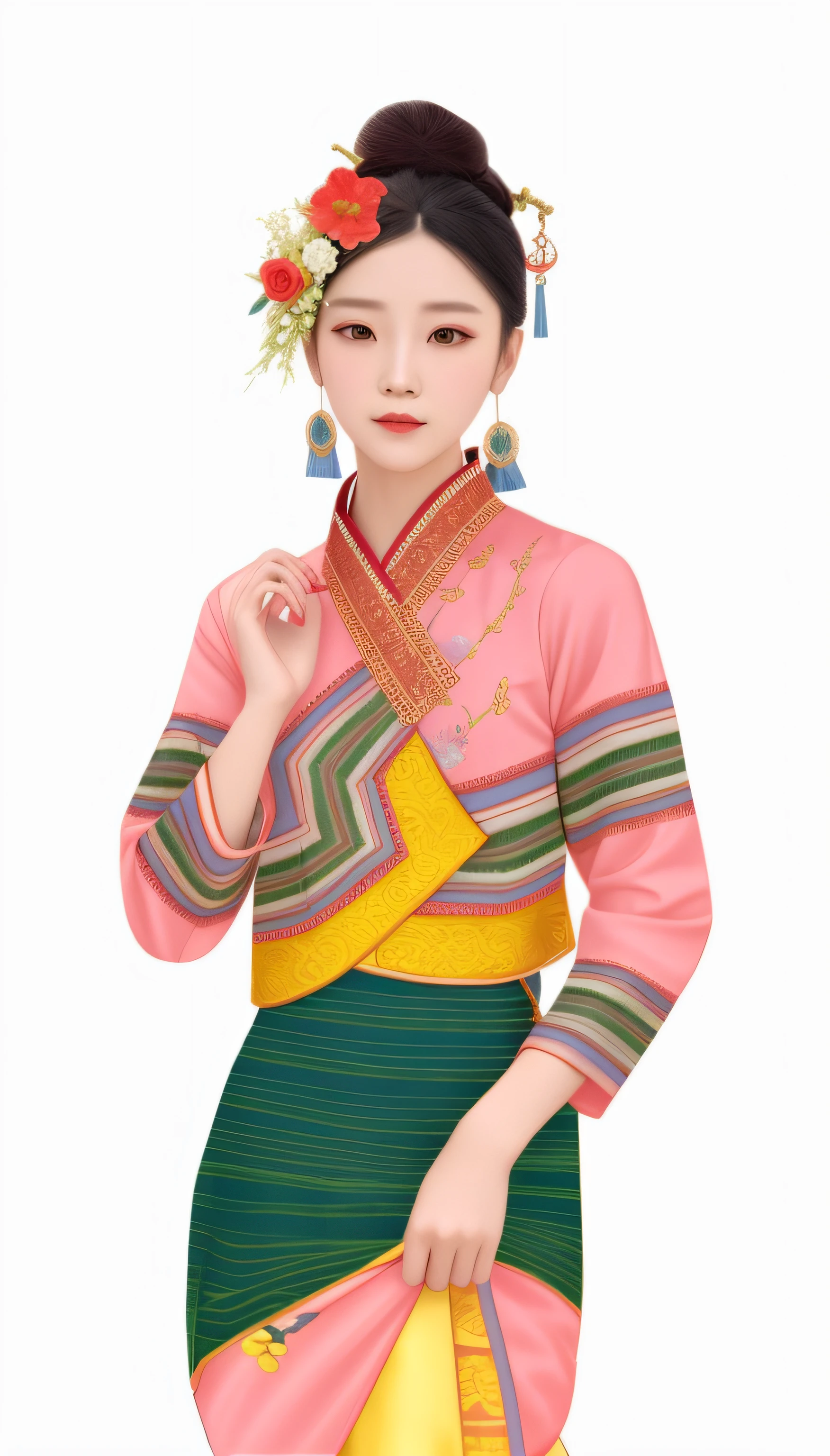 a drawing，A woman in traditional dress，A flower stuck in his hair, with acient chinese clothes, Inspired by Lan Ying, Palace ， A girl in Hanfu, inspired by Jin Nong, inspired by Ma Yuanyu, Chinese girl, Cheongsam, Chinese costume, Inspired by Dai Xi, Chinese woman, traditional garb, traditionalcostumes