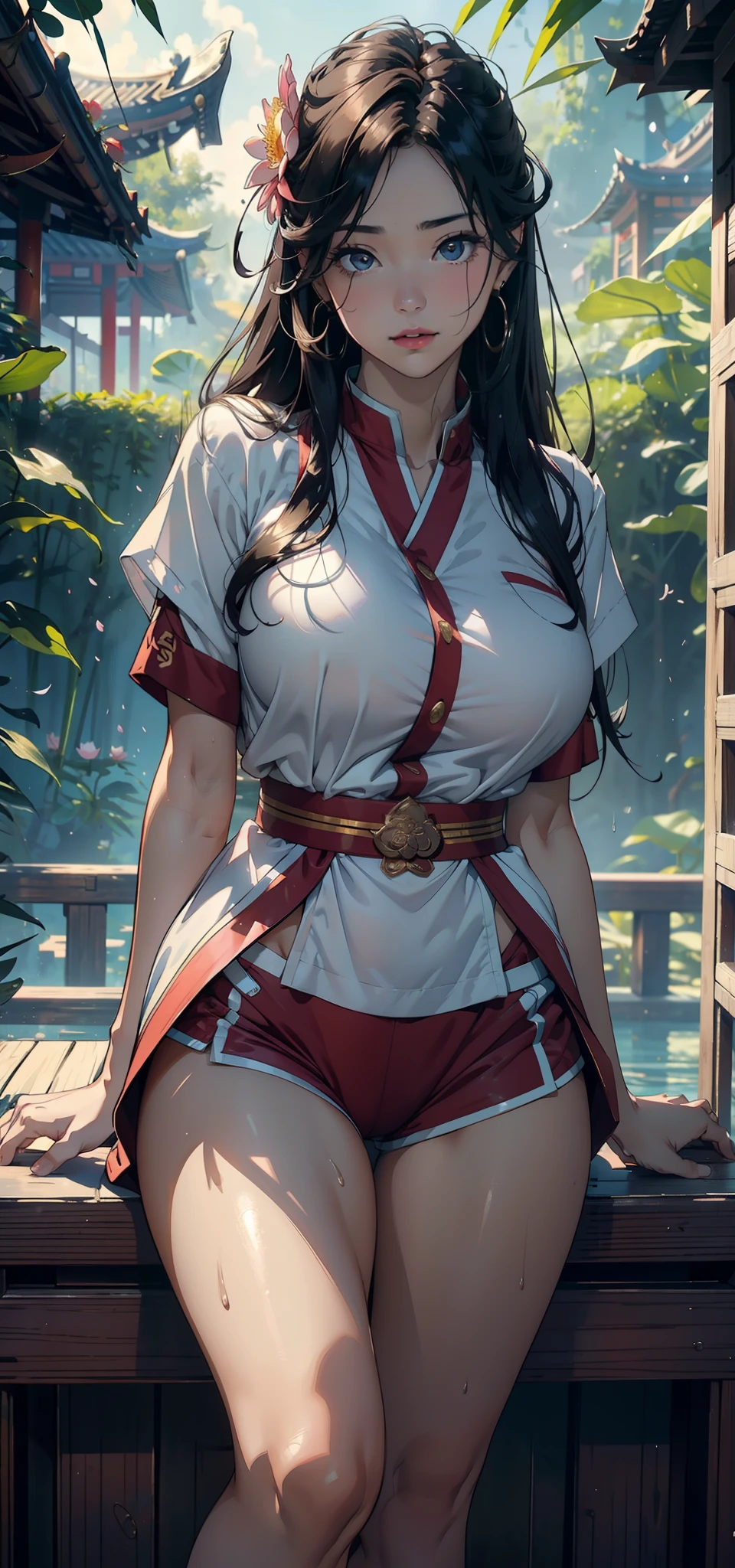 1female,35yo,熟妇,long leges,Big breasts Thin waist,Slim,huge-breasted ,Pornographic exposure, 独奏,(Background with:bamboo forrest,lotuses,lotus flower,exteriors,Lotus pond) She has long black hair,standing on your feet,Sweat profusely,drenched all over the body,seen from the front, hair straight, mostly cloudy sky,(((tmasterpiece),(Very detailed CG unity 8K wallpaper),best qualtiy,cinmatic lighting,detailed back ground,beatiful detailed eyes,Bright pupils,Black eyes,(Very fine and beautiful),(Beautiful and detailed eye description),ultra - detailed,tmasterpiece,)),facing at camera,A high resolution,ultra - detailed),revealing breasts,Bare genitalia, Bulge,legs are open,Raised sexy,Camel toes,Flushed complexion,Open-mouthed,frontage,high school senior,(Wearing:Ancient Chinese school uniform,Sex shorts,athletic sneakers)Full body photo,Show shoes