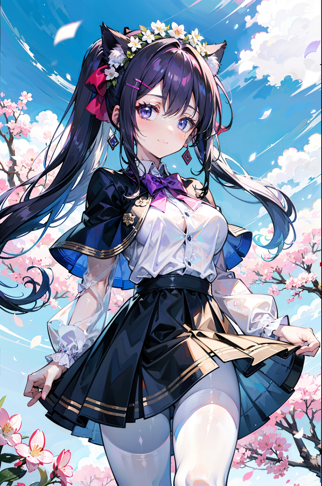 Purple-haired cat-eared beautiful girl,Purple double ponytail,Flushed complexion,Ruddy complexion,Bigchest,one eye wink,With a bright and healing smile,A wreath is worn on his head,Wears white hairpins and a large bow,White transparent puff sleeve shirt,Puff sleeves,long shirt,Pink miniskirt,short skirt,white see-through capelet,White flesh pantyhose,White socks,Beth,standing on your feet,sakura flowers falling,Blue white cloud sky background,In the daytime,Reach out and lift her skirt,Stand obediently,Comb your hair with one hand,(Full breasts),Wear a large bow on your head,Best quality at best,tmasterpiece,(Incredibly ultra-high resolution),k hd,Hyper-detailing
