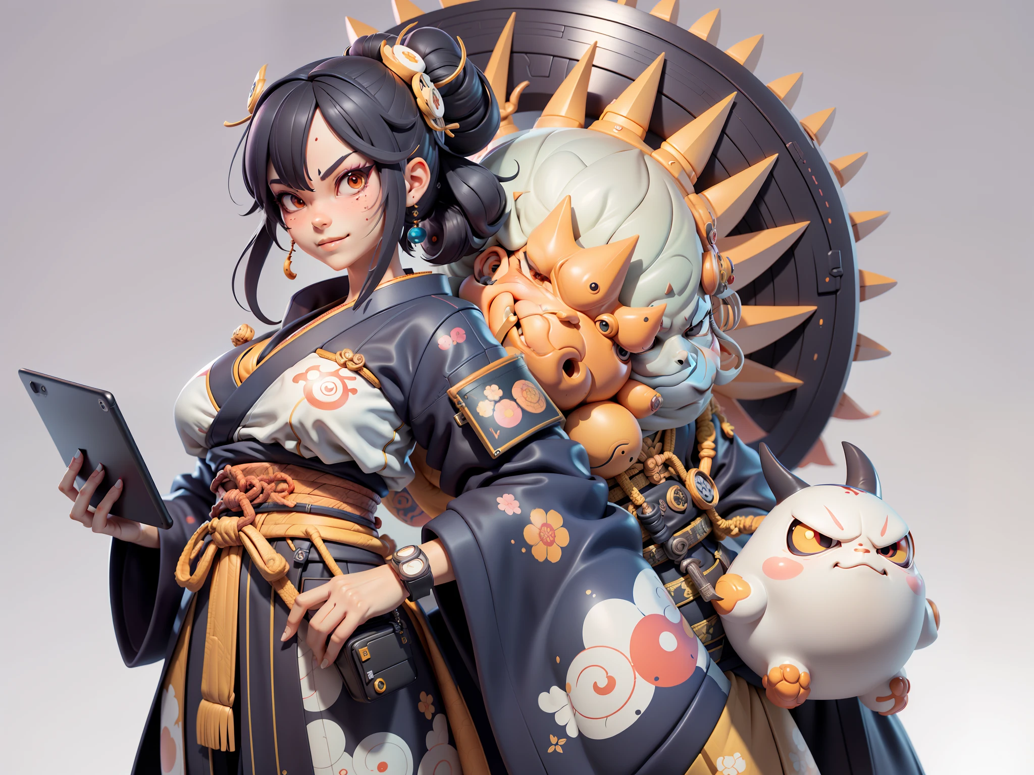 (Daisaku),(Need),(Super meticulous),(full bodyesbian:1.2),Japanese ukiyo-e girl，japanese geisha，Beautiful，Oriental dragon，Aeolian Thor，Raised sexy，爆乳，Oriental face，TV Anchor，Bust portrait illustration，Alone，In black suit，a blue tie，The face is slightly chubby，The face was clean，without a beard，Black super short hair，Black eyes，Smile confidently，3C computer sub-products，iPad， iphone，Digital painting，3D character design by Mark Clairen and Pixar and Hayao Miyazaki and Akira Toriyama，The illustration is a high-definition illustration in 4K resolution，With very detailed facial features and cartoon-style visuals。