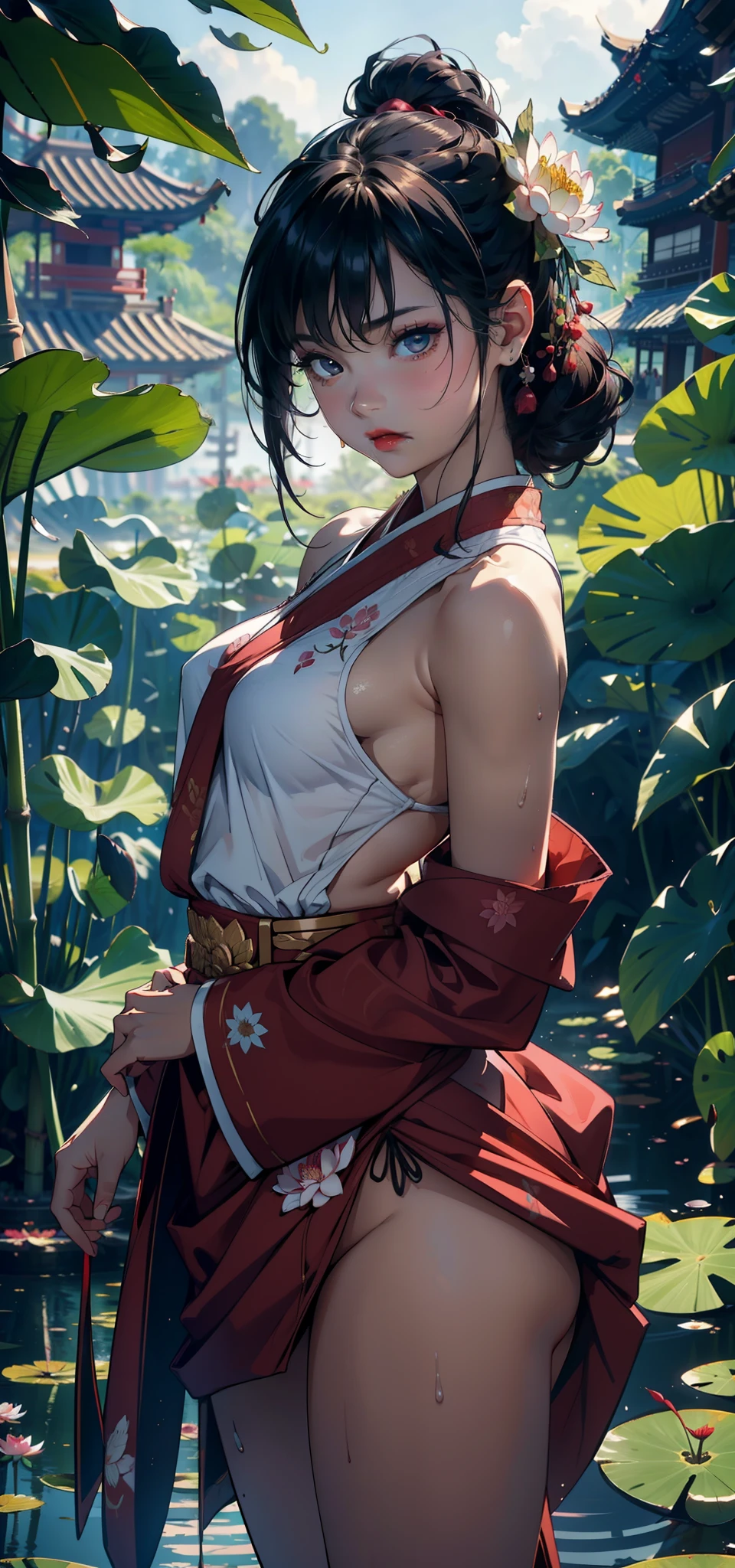 1female，for 6 ，bit girl，Small loli，smalnderboob，Raised sexy，Pornographic exposure， 独奏，（Background with：Surrounded by lotus flowers，bamboo forrest，Lotus pond，lotuses，lotus flower，china rose，rosette，chrysanthemums） She has short black hair，standing on your feet，Sweat profusely，drenched all over the body，seen from the front， hair straight， mostly cloudy sky，（（（tmasterpiece），（Very detailed CG unity 8K wallpaper），best qualtiy，cinmatic lighting，detailed back ground，beatiful detailed eyes，Bright pupils，（Very fine and beautiful），（Beautiful and detailed eye description），Black eyes，Redlip，ultra - detailed，tmasterpiece，）），facing at camera，（The upper part of the body），A high resolution，ultra - detailed），revealing breasts，Bare genitalia，  Bulge，legs are open，sexyposture，Camel toes，Flushed complexion，Open-mouthed，frontage，elementary d，Lotus hair ornaments（Wearing：，Hanbok，Red streamer）