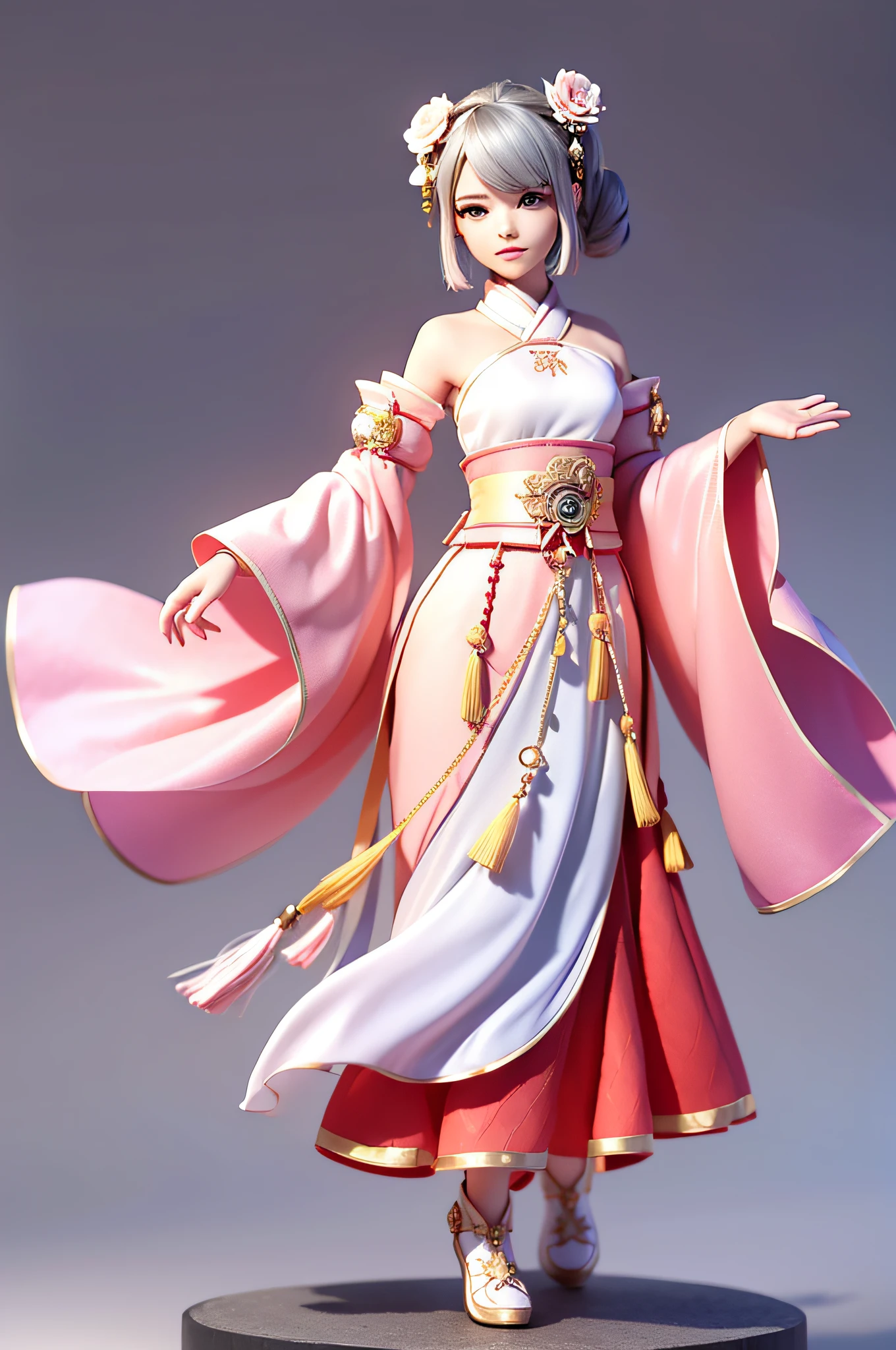 (best quality:1.2),(high quality:1.2),masterpiece,(high details:1.1),game character, East Asian original art character design, 1girl, solo, gradient, gradient background, bun, double bun, gray hair, full body, holding, chinese clothes, white footwear, gray background, hair decoration, looking at the audience, tassels, jewelry, standing, long sleeves, bangs, boots, wide sleeves, flowers, dress, hair flower, short hair, simple background, fan, red clothes chibi,