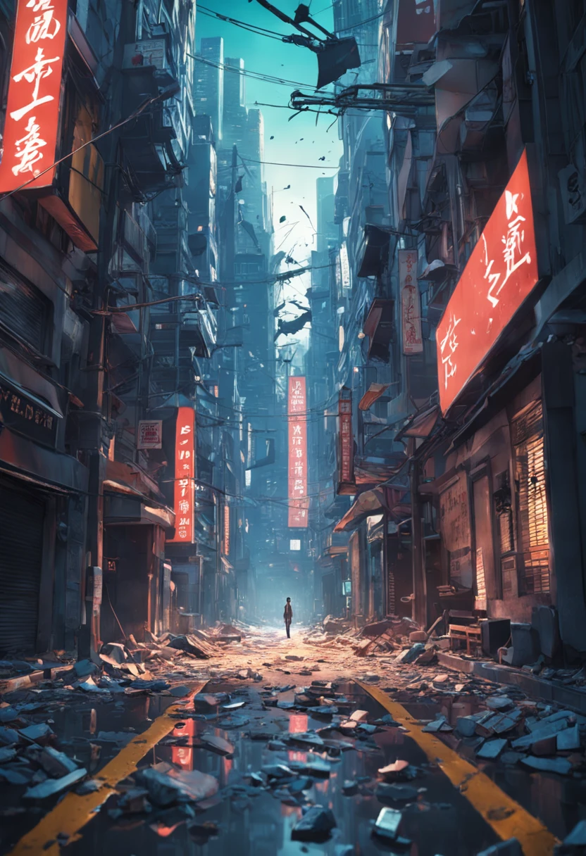masutepiece, Ultra-high resolution, broken streets, Broken city, Gravel-covered ground, Broken sign, Natural light surreal science fiction scene, From the point of view of the lowest layer (光影效果), (depth of field effect), (Tyndale), (Optical particle tracking), (nffsw), (Horror Movie Lighting Visual Effects), (Volumetric lighting), (Bright colors), Best Quality, 8K