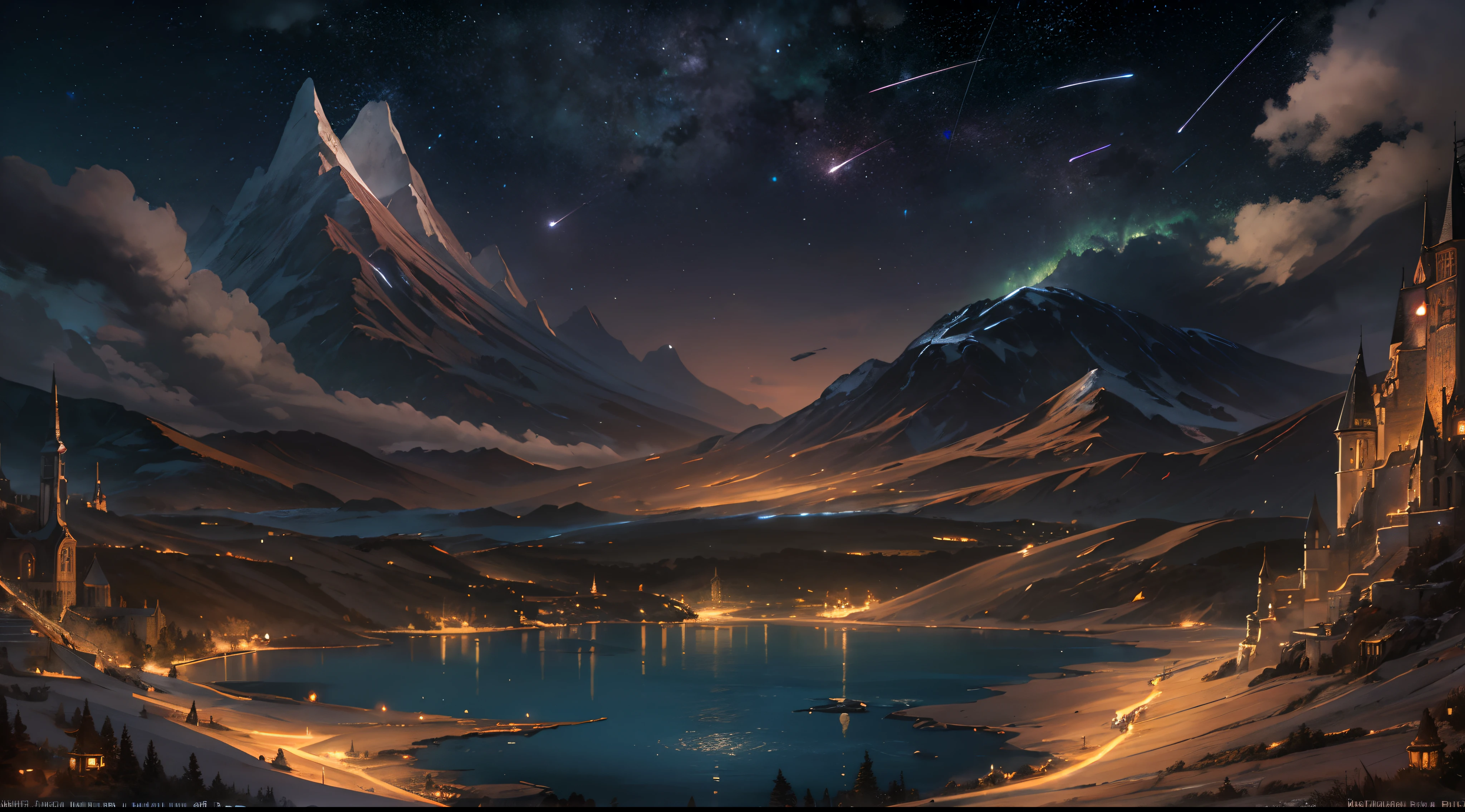 "(by Greg Rutkowski: 1.2), (masterpiece), (best quality), extremely delicate and beautiful, illustration, (fantasy landscape), A mesmerizing fantasy landscape with enchanting elements blending seamlessly. (Awe-inspiring nature scene showcasing a mesmerizing meteor shower on beautiful night sky), a enchanting fantastical realm. fantasy landscape with majestic mountain in grass plain. (no sun), (midnight), depth of field, HDR, intricate"