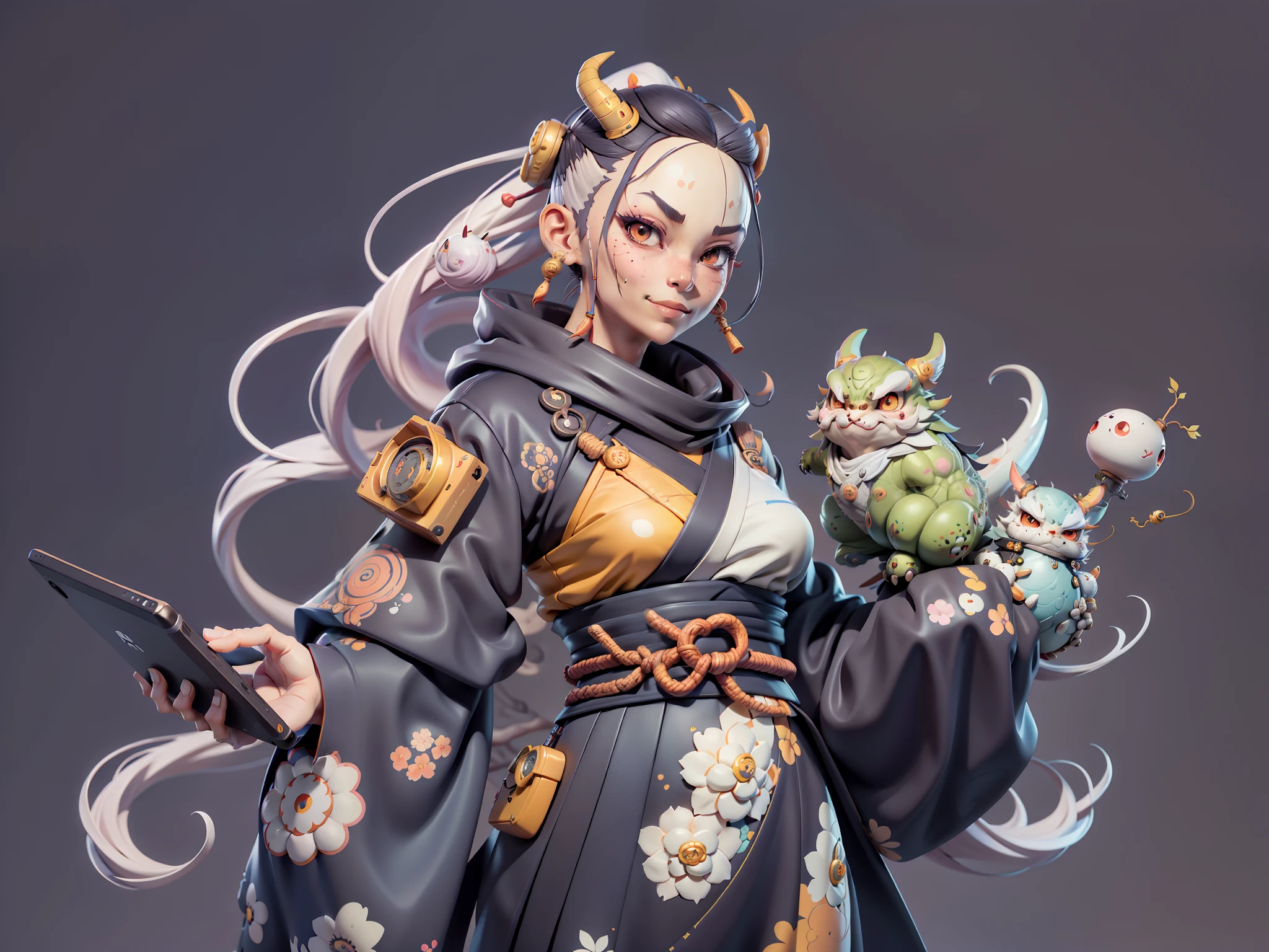 (Daisaku),(Need),(Super meticulous),(full bodyesbian:1.2),Japanese ukiyo-e girl，japanese geisha，Beautiful，Oriental dragon，Aeolian Thor，Raised sexy，爆乳，Oriental face，TV Anchor，Bust portrait illustration，Alone，In black suit，a blue tie，The face is slightly chubby，The face was clean，without a beard，Black super short hair，Black eyes，Smile confidently，3C computer sub-products，iPad， iphone，Digital painting，3D character design by Mark Clairen and Pixar and Hayao Miyazaki and Akira Toriyama，The illustration is a high-definition illustration in 4K resolution，With very detailed facial features and cartoon-style visuals。