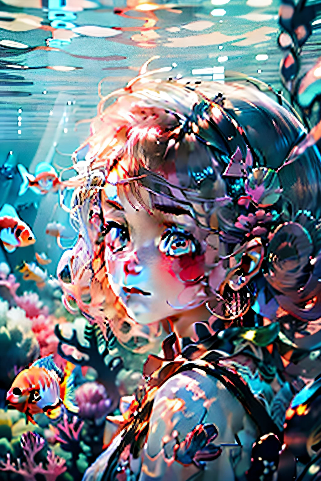 ocean floor、Marine life、Beautiful coral reef、The fish), Messy painting style, Hair flows in water, Brilliant seabed corals, Koi and mermaids stand opposite each other, curly hair, crown, hair tie, pink hairband, mole under eye, star-shaped pupils, upturned eyes, crystal earrings, smile, blush, light blush, Conceptual art, god rays, from side, lens flare, award winning, high details