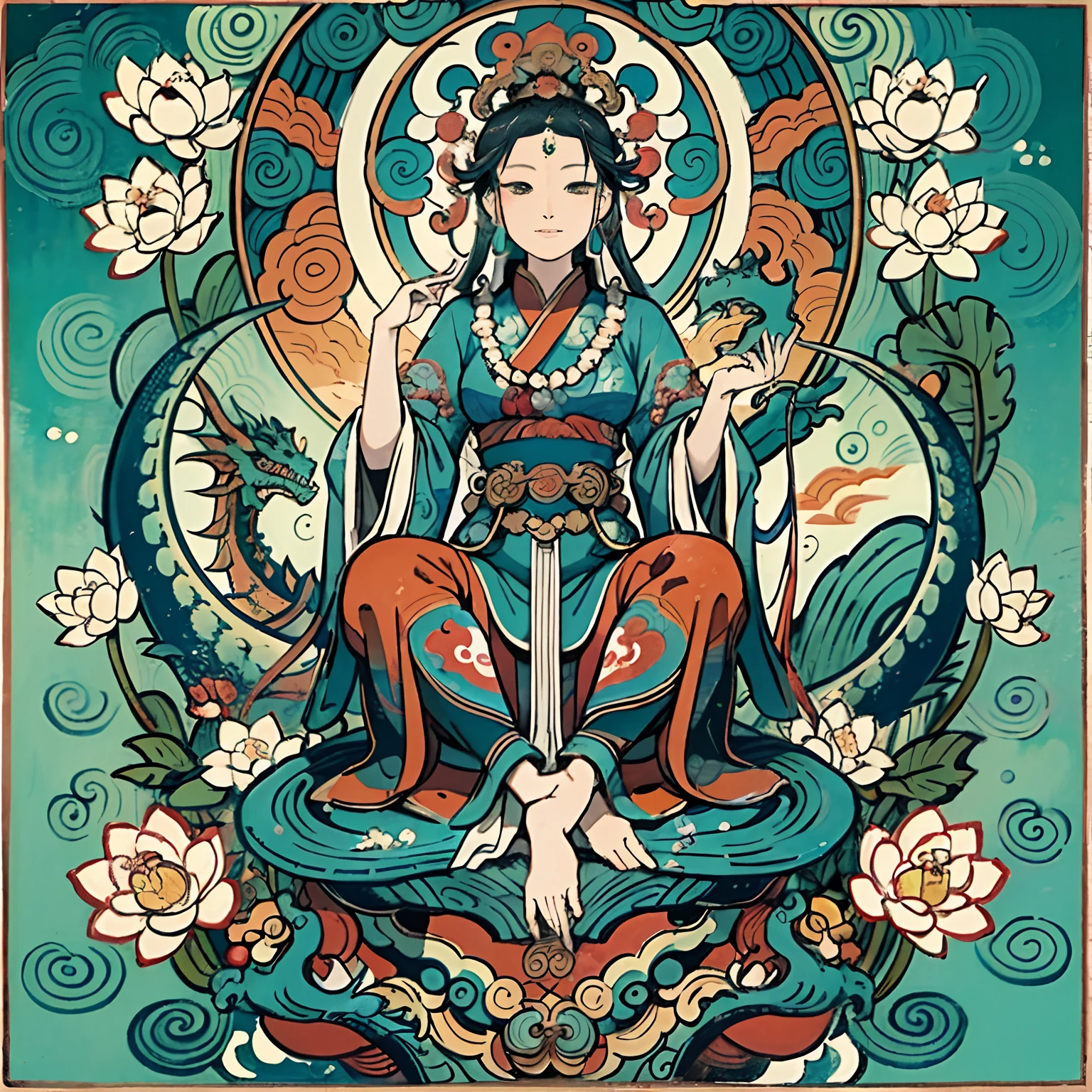 an ancient Chinese goddess, guanyin of the southern seas, Guanyin, Inspired by India, Avalokiteshvara rides a dragon,,Serene expression,shui mo hua,Buddha,Buddhist,Lotus,Chinese painting style,Thangka style